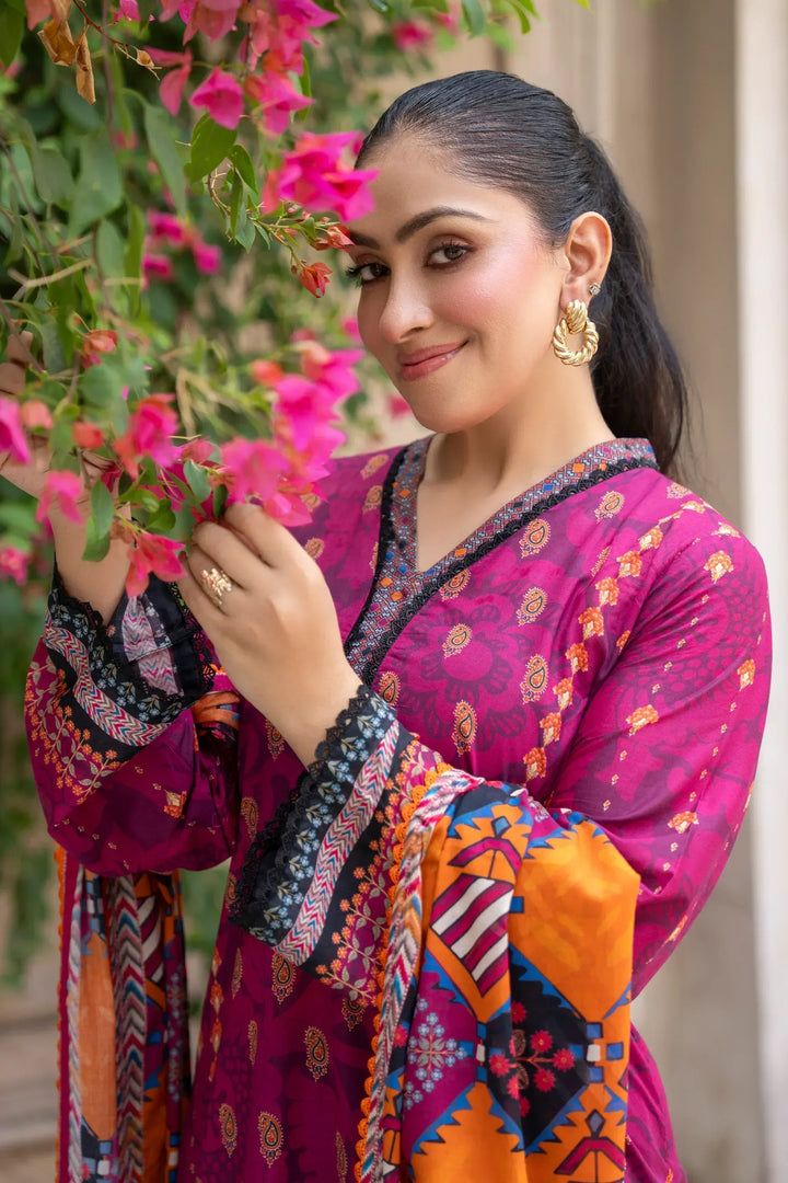 3 Piece Unstitched Cerise Premium Printed Lawn - Jacquard Clothing