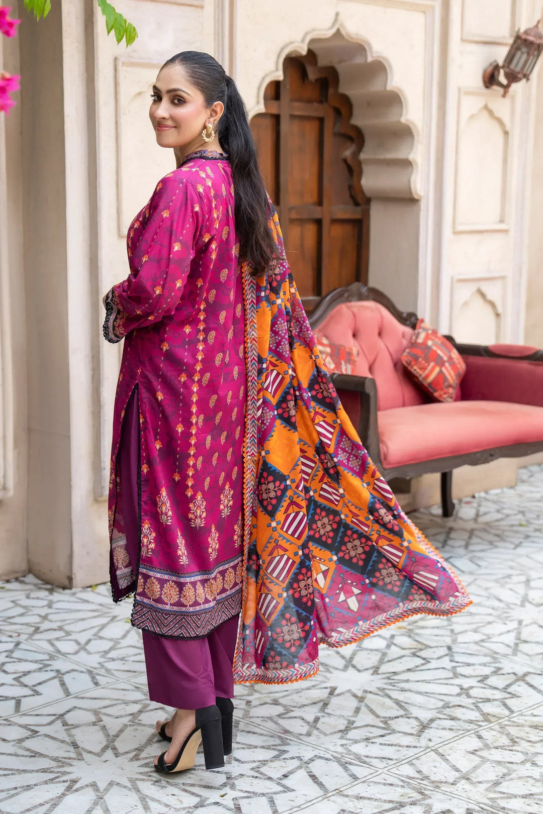 3 Piece Unstitched Cerise Premium Printed Lawn - Jacquard Clothing