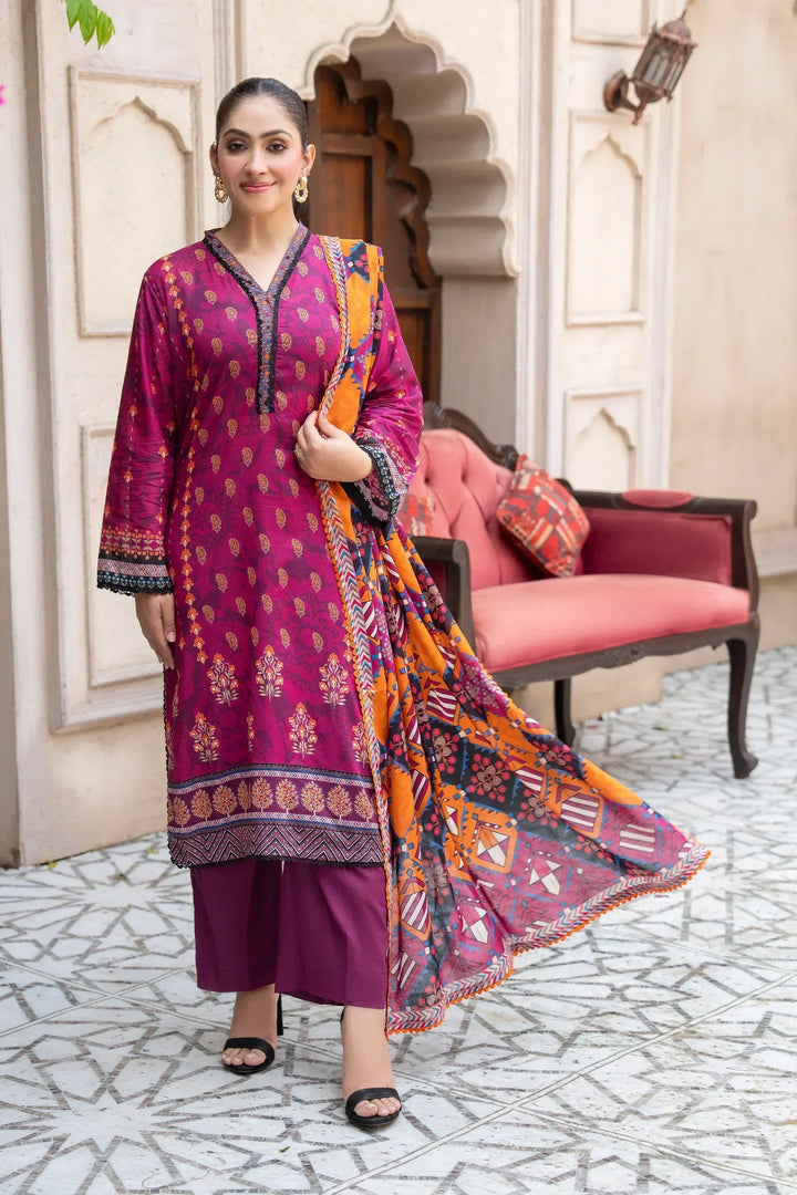 3 Piece Unstitched Cerise Premium Printed Lawn - Jacquard Clothing