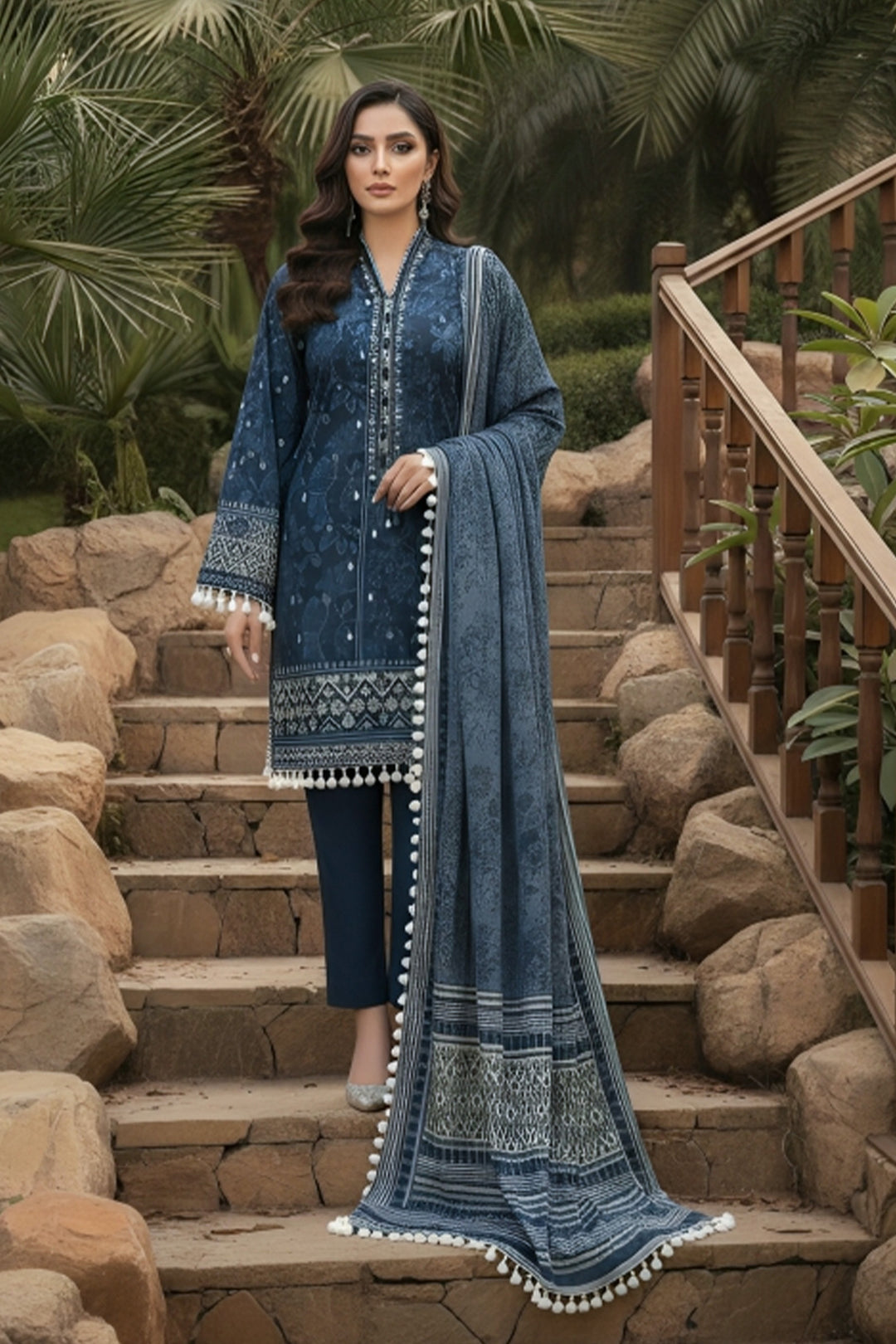 3 Piece Unstitched Charcoal Blue Premium Printed Lawn
