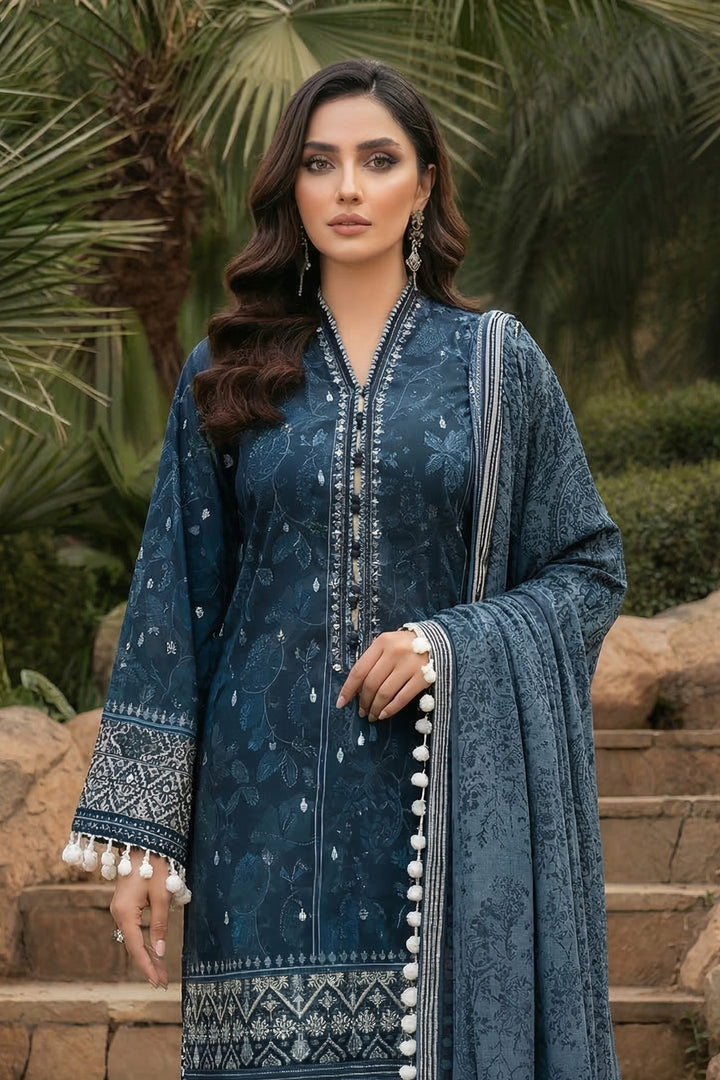 3 Piece Unstitched Charcoal Blue Premium Printed Lawn
