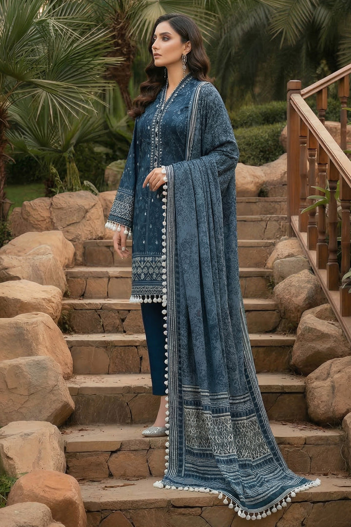 3 Piece Unstitched Charcoal Blue Premium Printed Lawn