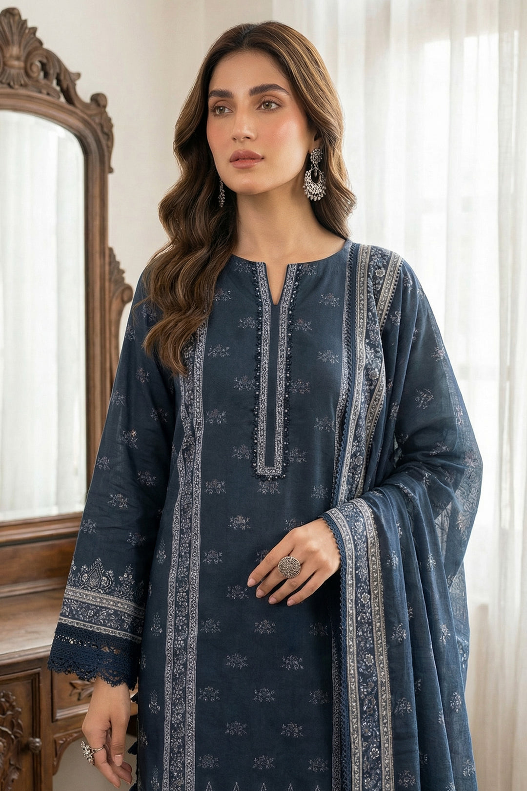 3 Piece Unstitched Charcoal Blue Premium Printed Lawn Suit - Jacquard Soha Afreen Summer 2026 Collection