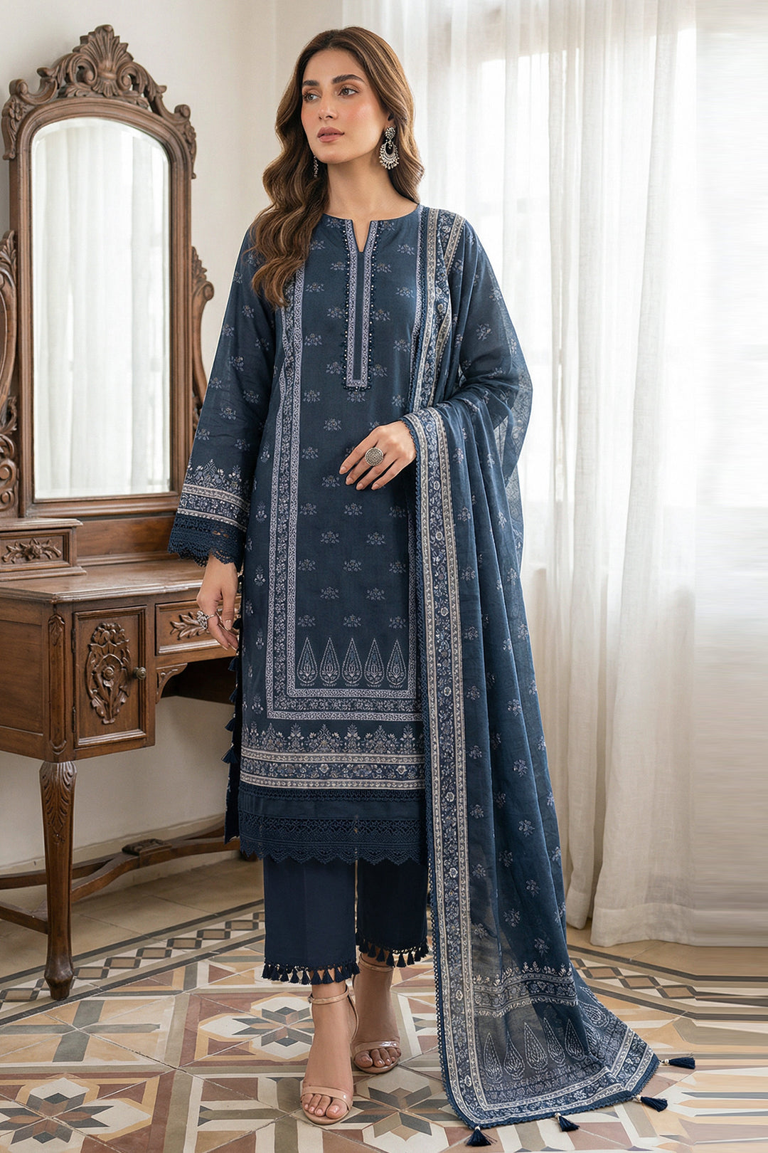 3 Piece Unstitched Charcoal Blue Premium Printed Lawn Suit - Jacquard Soha Afreen Summer 2026 Collection