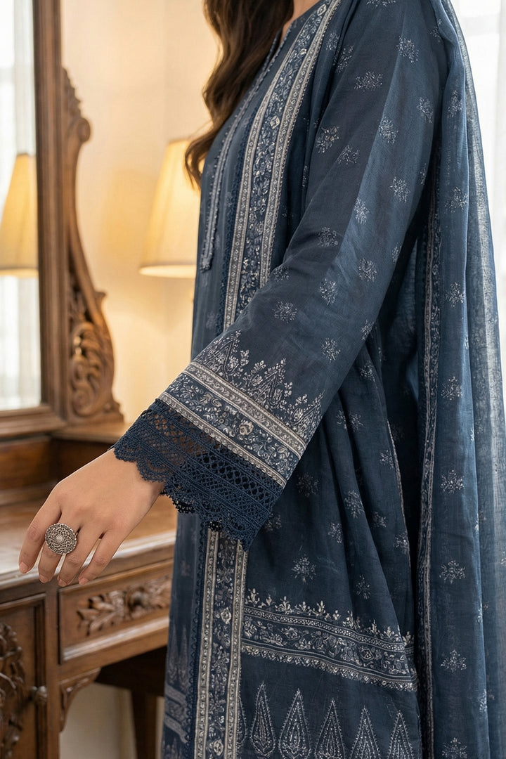 3 Piece Unstitched Charcoal Blue Premium Printed Lawn Suit - Jacquard Soha Afreen Summer 2026 Collection