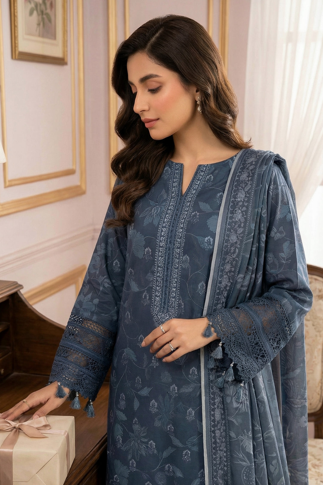 3 Piece Unstitched Charcoal Premium Printed Lawn Suit - Jacquard Virsa By Zainab Summer 2026 Collection