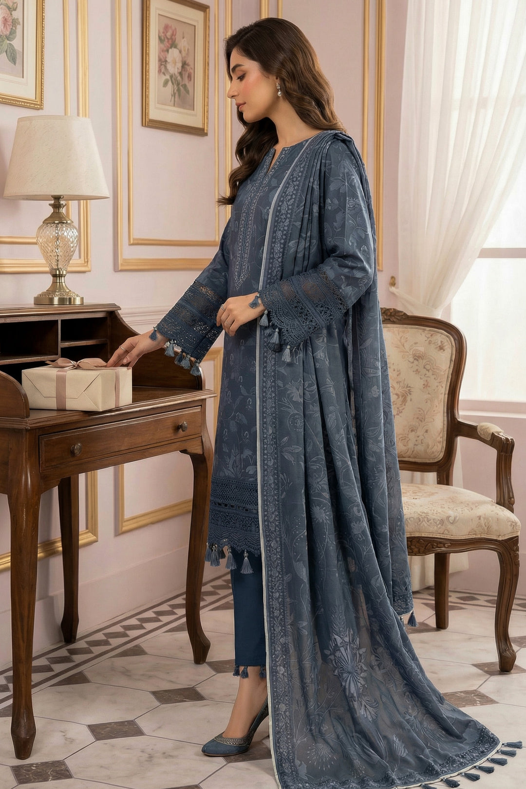 3 Piece Unstitched Charcoal Premium Printed Lawn Suit - Jacquard Virsa By Zainab Summer 2026 Collection