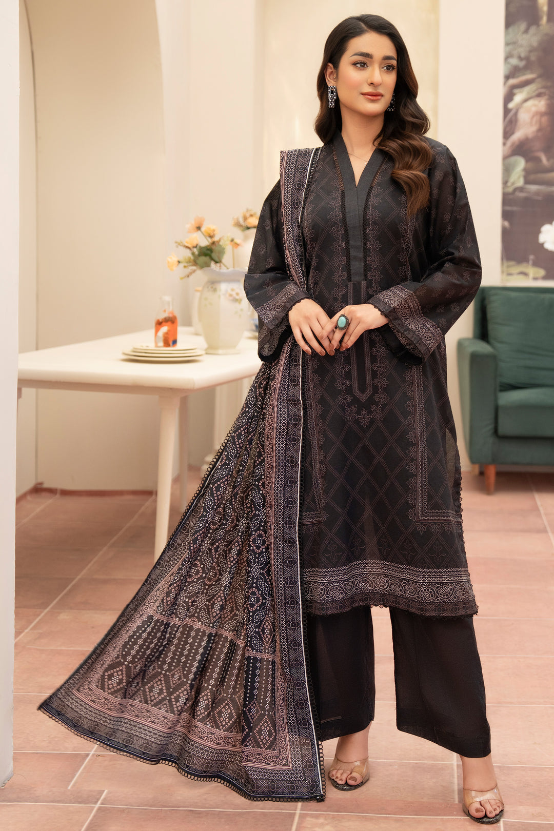3 Piece Unstitched Chic Black Premium Lawn - SU25V12-S7 - JACQUARD CLOTHING