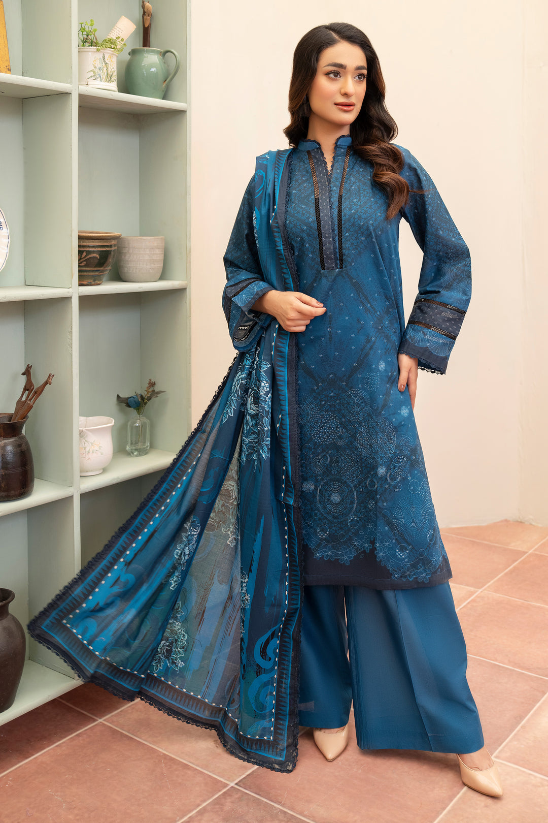 3 Piece Unstitched Cobalt Blue Premium Lawn - SU25V13-S6 - JACQUARD CLOTHING