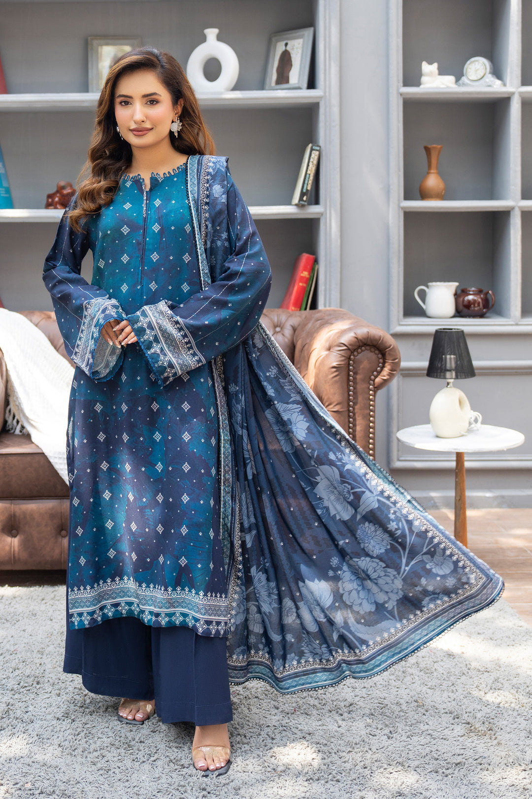 3 Piece Unstitched Cobalt Blue Printed Linen - W25CF1V2-S2 - JACQUARD CLOTHING