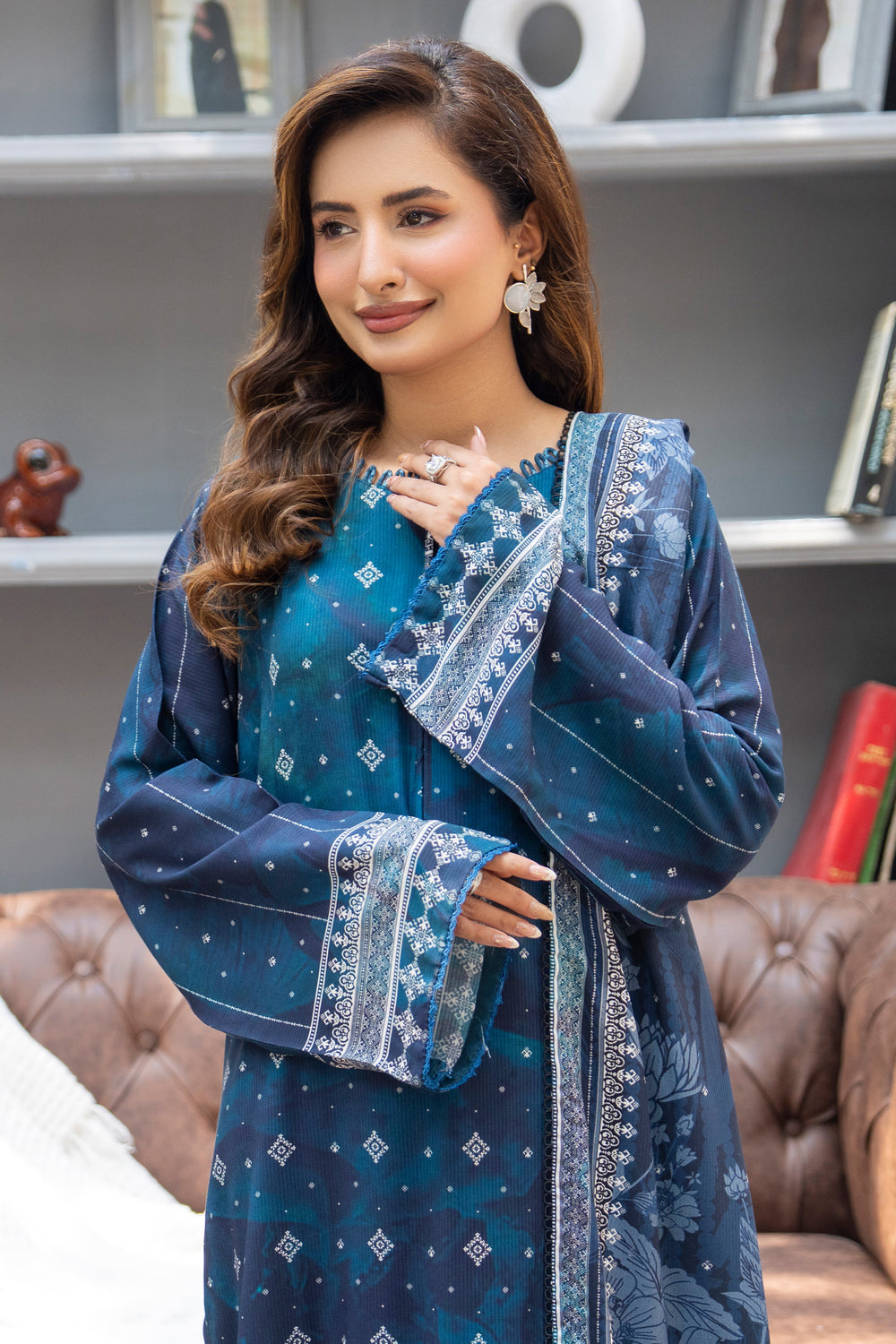 3 Piece Unstitched Cobalt Blue Printed Linen - W25CF1V2-S2 - JACQUARD CLOTHING