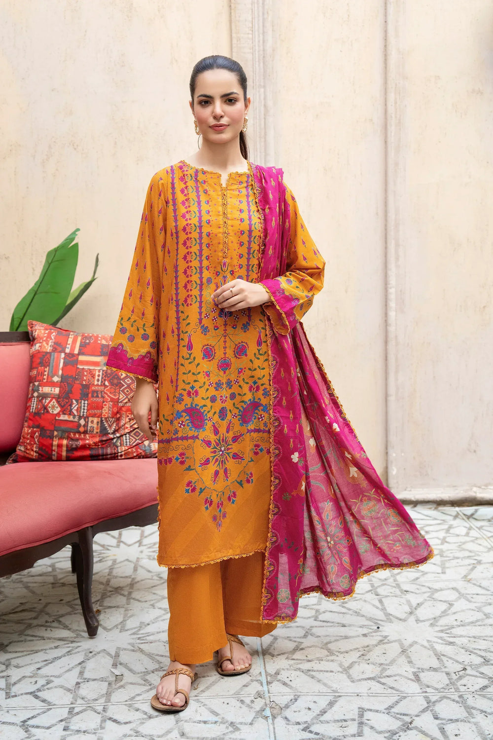 3 Piece Unstitched Copper Premium Printed Lawn - Jacquard Clothing