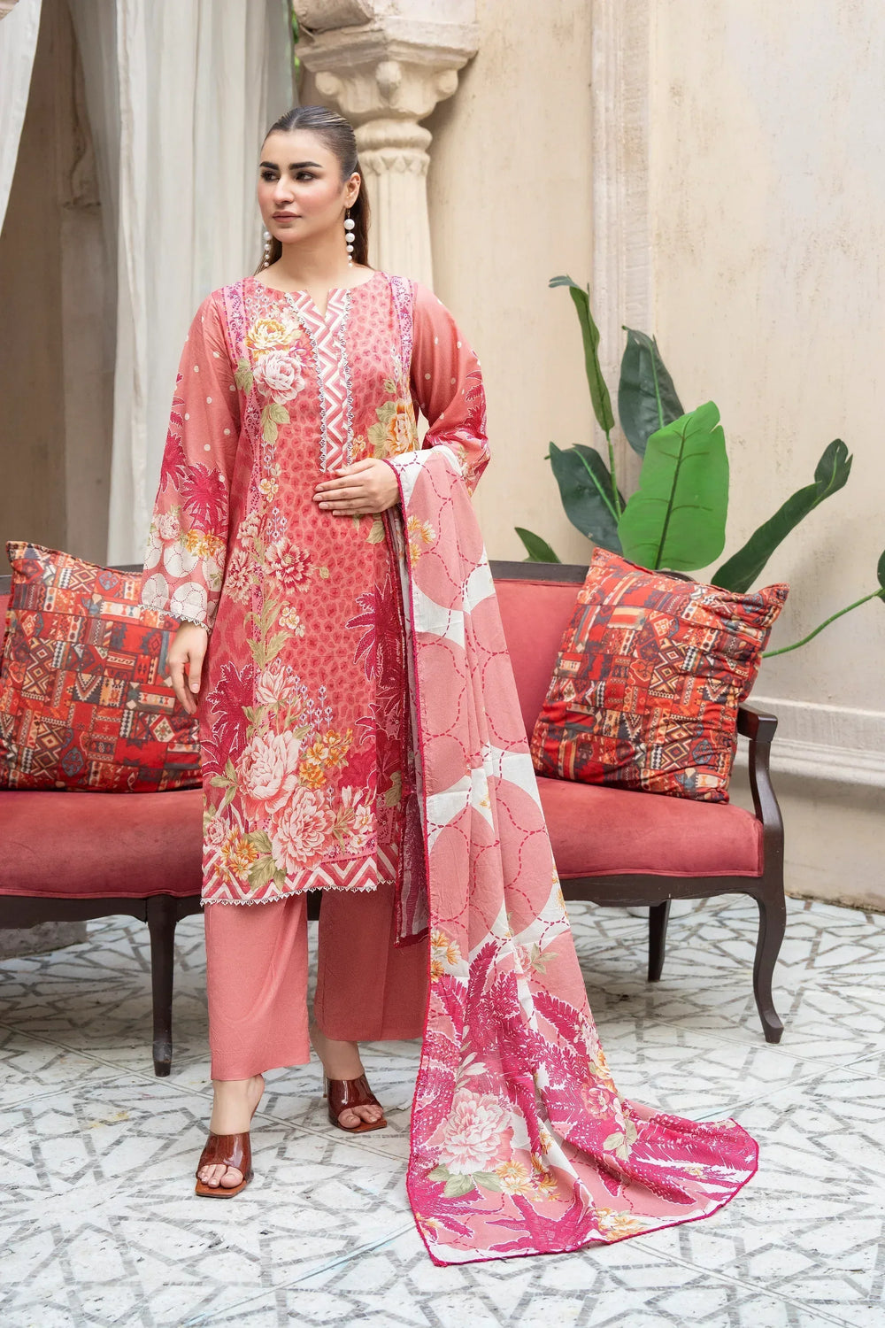 3 Piece Unstitched Coral Pink Premium Printed Lawn - Jacquard Clothing