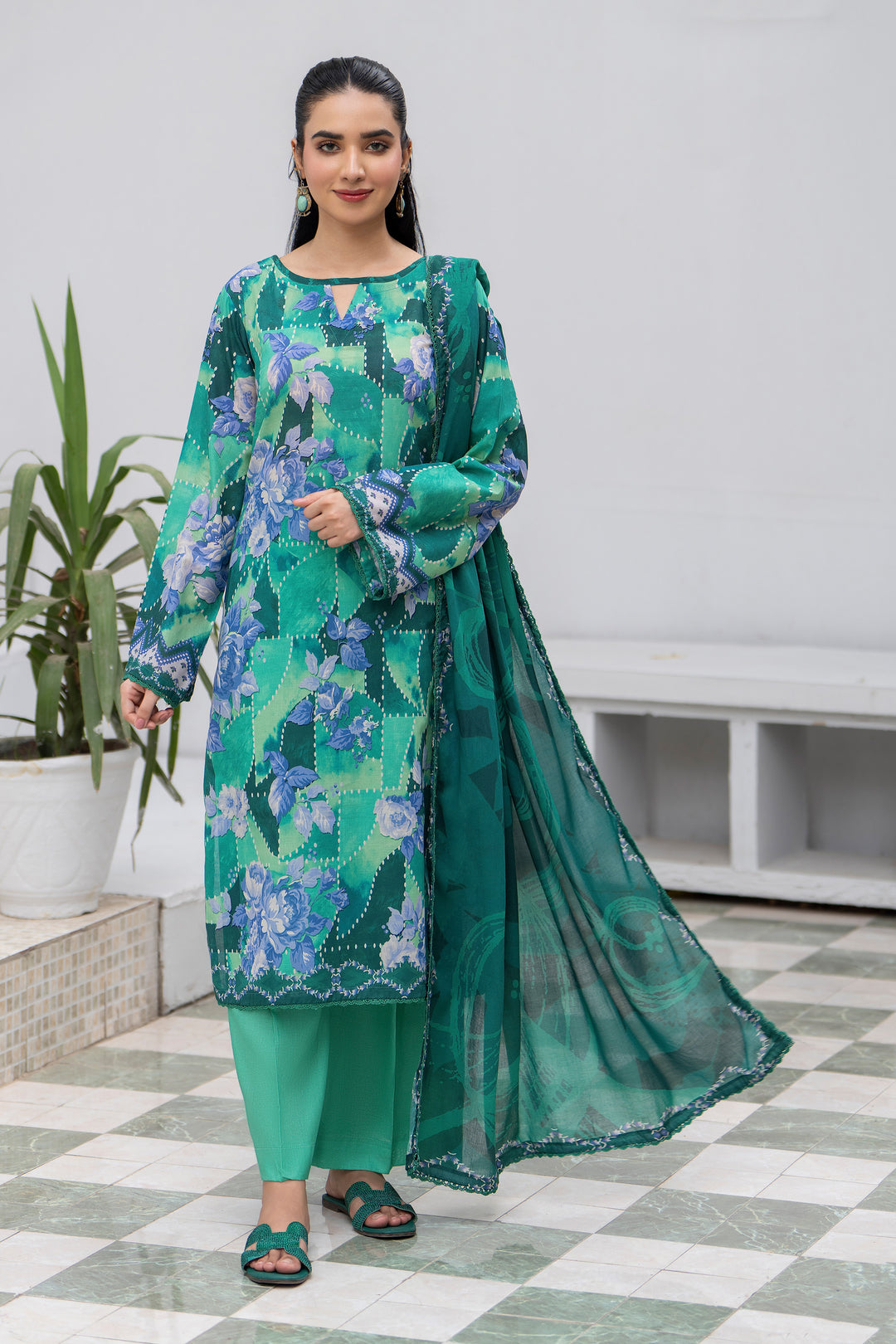 3 Piece Unstitched Dark Cyan Lawn - SU25V29-S1 - JACQUARD CLOTHING
