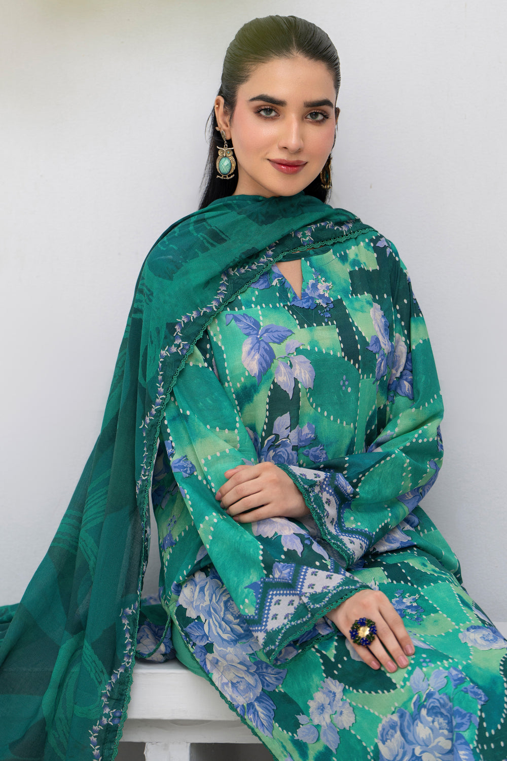 3 Piece Unstitched Dark Cyan Lawn - SU25V29-S1 - JACQUARD CLOTHING