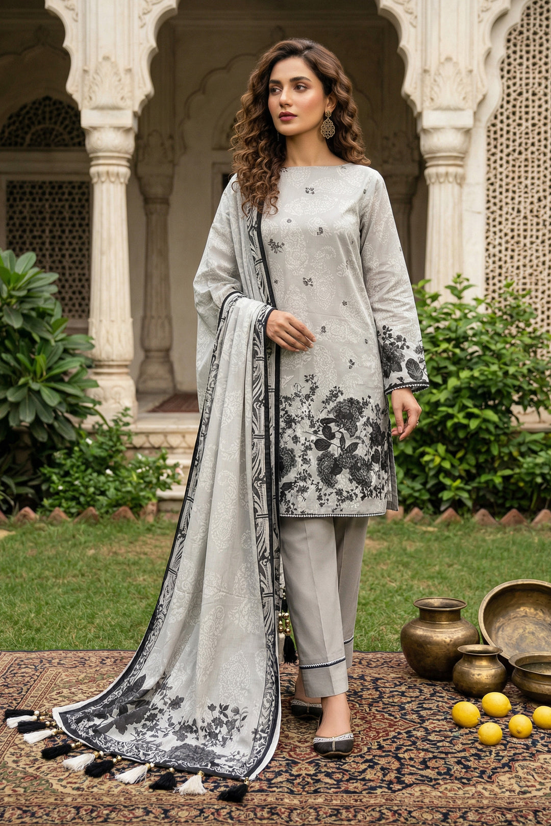 3 Piece Unstitched Dark Gray Premium Printed Lawn Suit By Jacquard Clothing Summer 2026 Collection