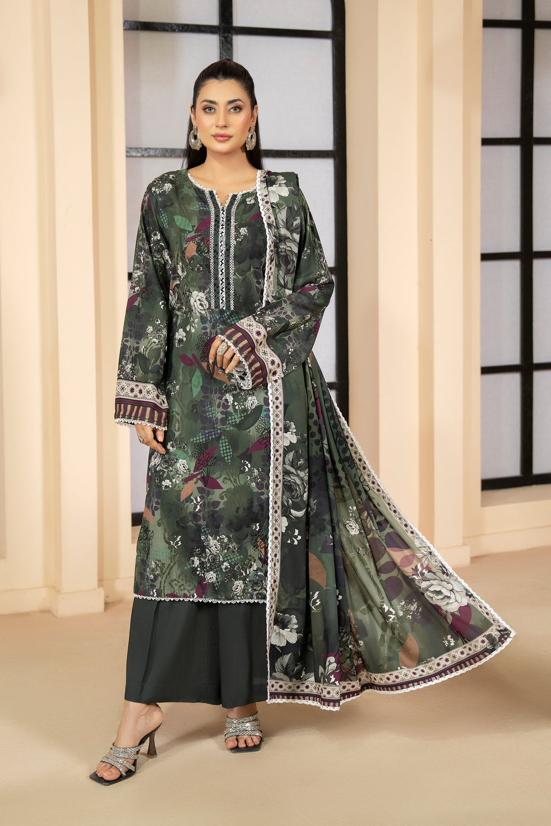 3 Piece Unstitched Dark Green Premium Linen - W25CF1V3-S1 - JACQUARD CLOTHING