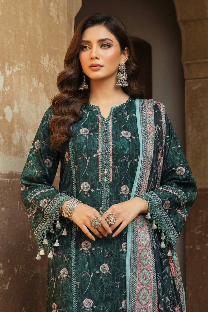 3 Piece Unstitched Dark Green Premium Printed Lawn