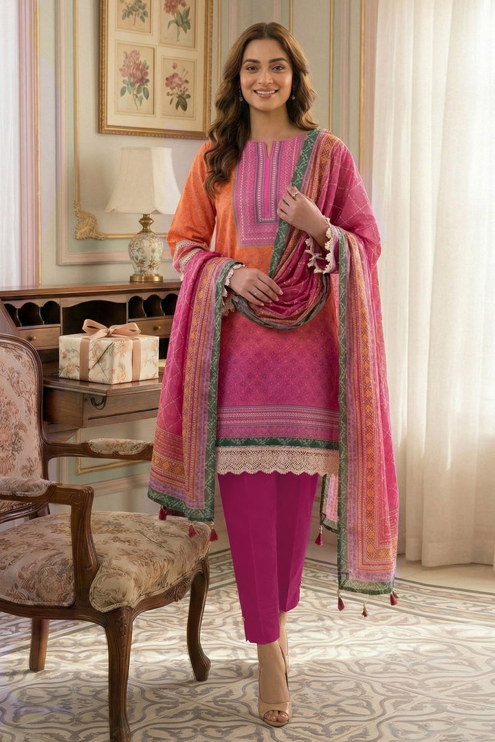 3 Piece Unstitched Dark Pink Premium Printed Lawn Suit - Jacquard Virsa By Zainab Summer 2026 Collection