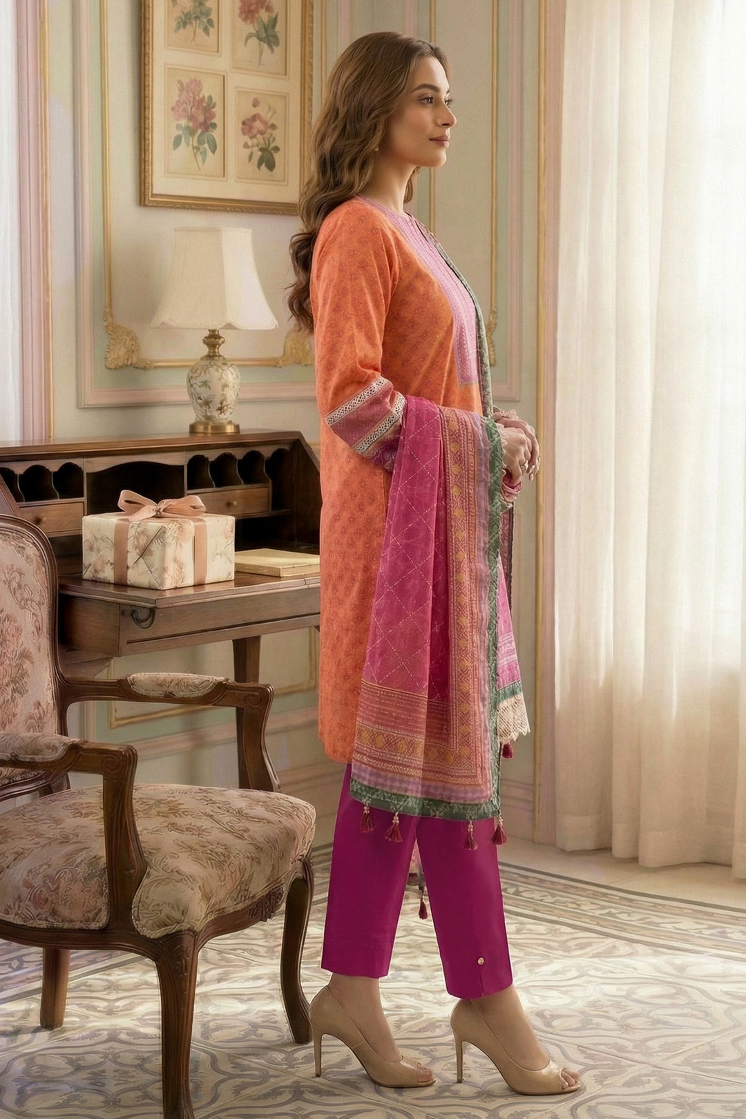 3 Piece Unstitched Dark Pink Premium Printed Lawn Suit - Jacquard Virsa By Zainab Summer 2026 Collection