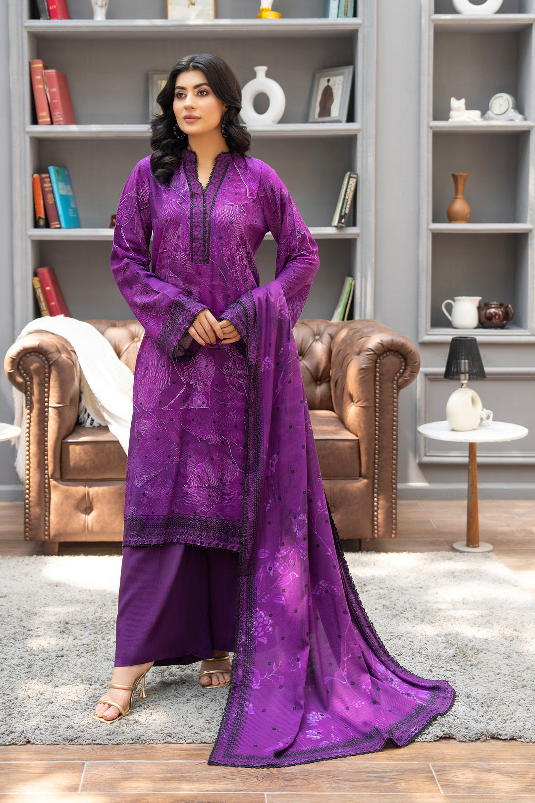 3 Piece Unstitched Dark Purple Printed Linen - W25CF1V2-S4 - JACQUARD CLOTHING