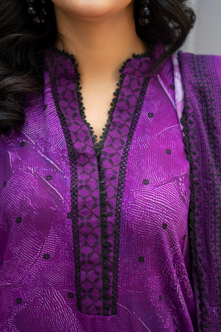 3 Piece Unstitched Dark Purple Printed Linen - W25CF1V2-S4 - JACQUARD CLOTHING