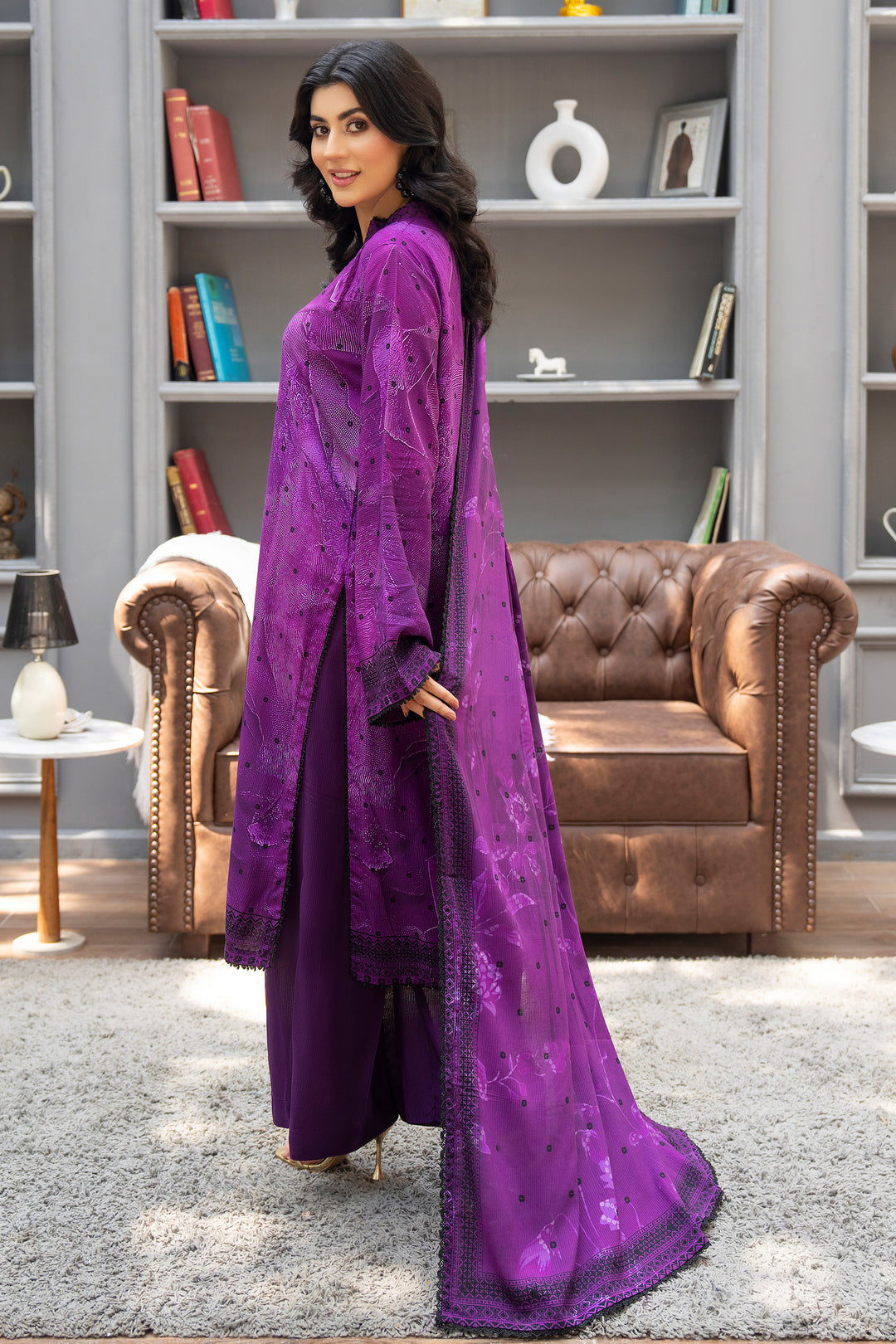 3 Piece Unstitched Dark Purple Printed Linen - W25CF1V2-S4 - JACQUARD CLOTHING