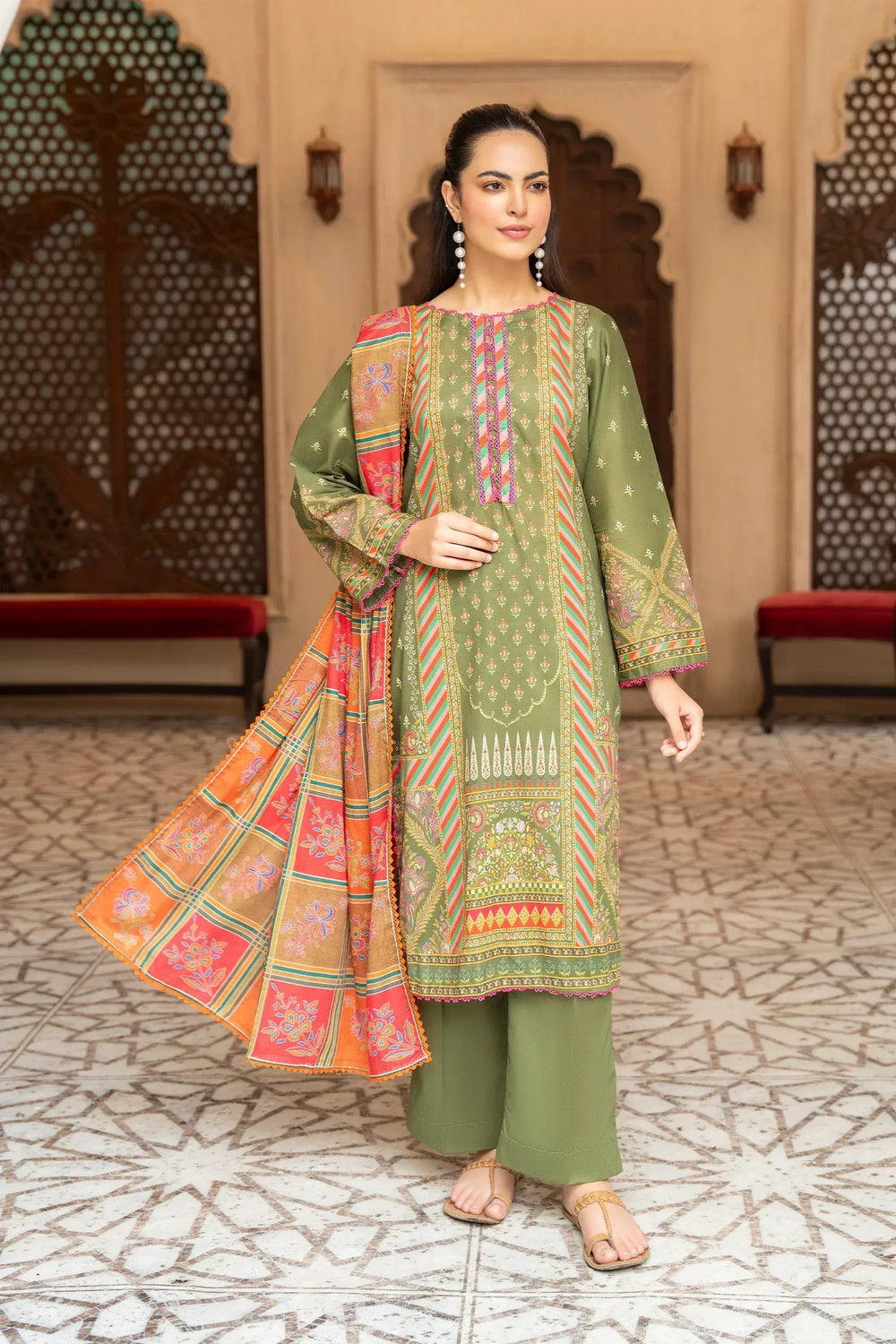 3 Piece Unstitched Dark Tan Premium Printed Lawn - Jacquard Clothing