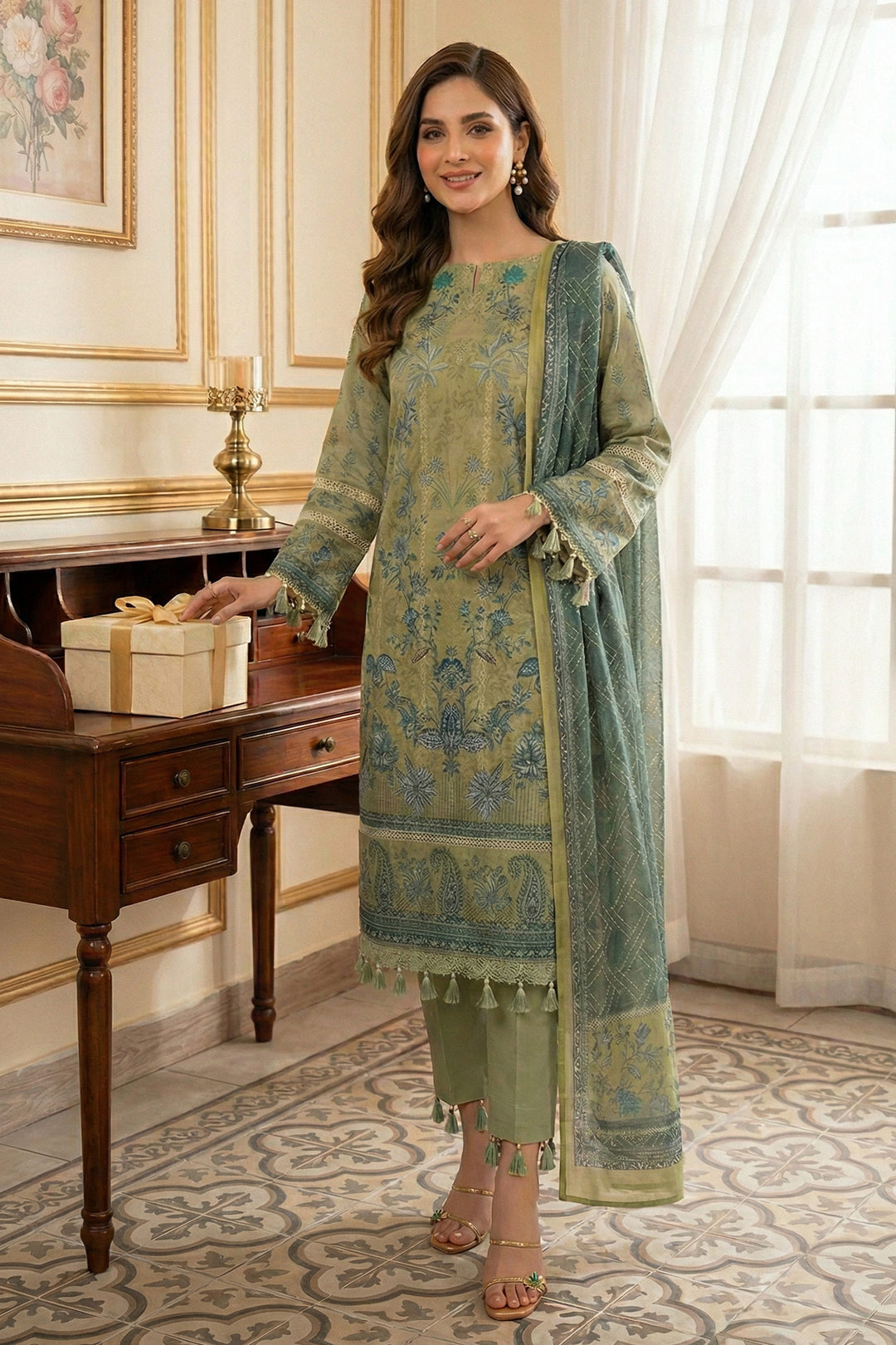 3 Piece Unstitched Dark Tan Premium Printed Lawn Suit - Jacquard Virsa By Zainab Summer 2026 Collection