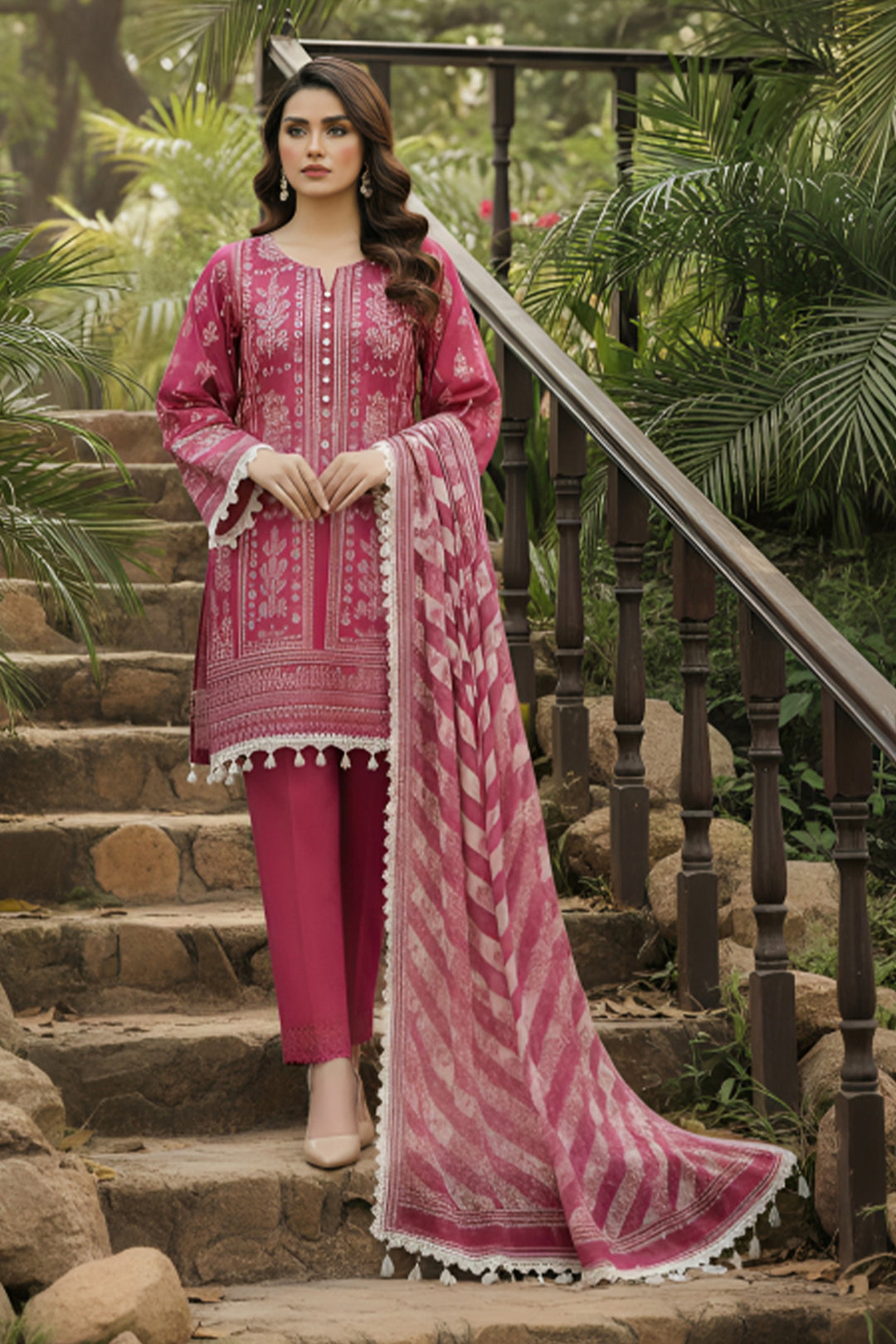 3 Piece Unstitched Deep Carmine Premium Printed Lawn