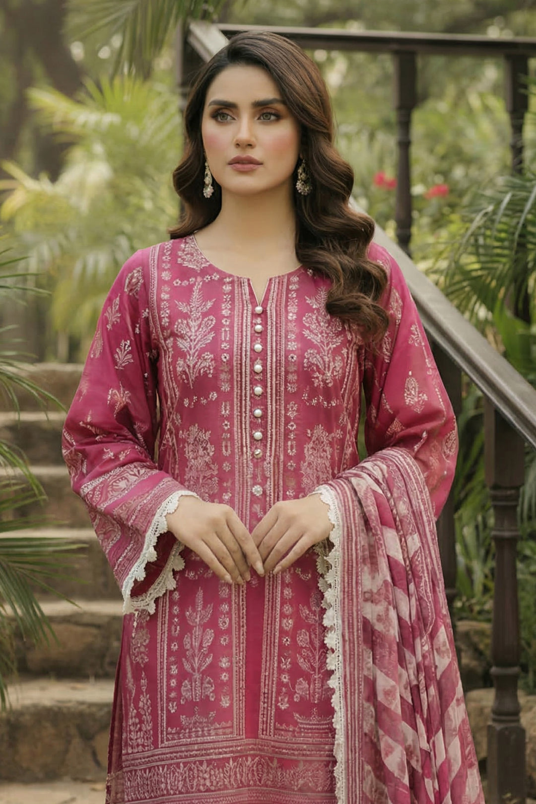 3 Piece Unstitched Deep Carmine Premium Printed Lawn