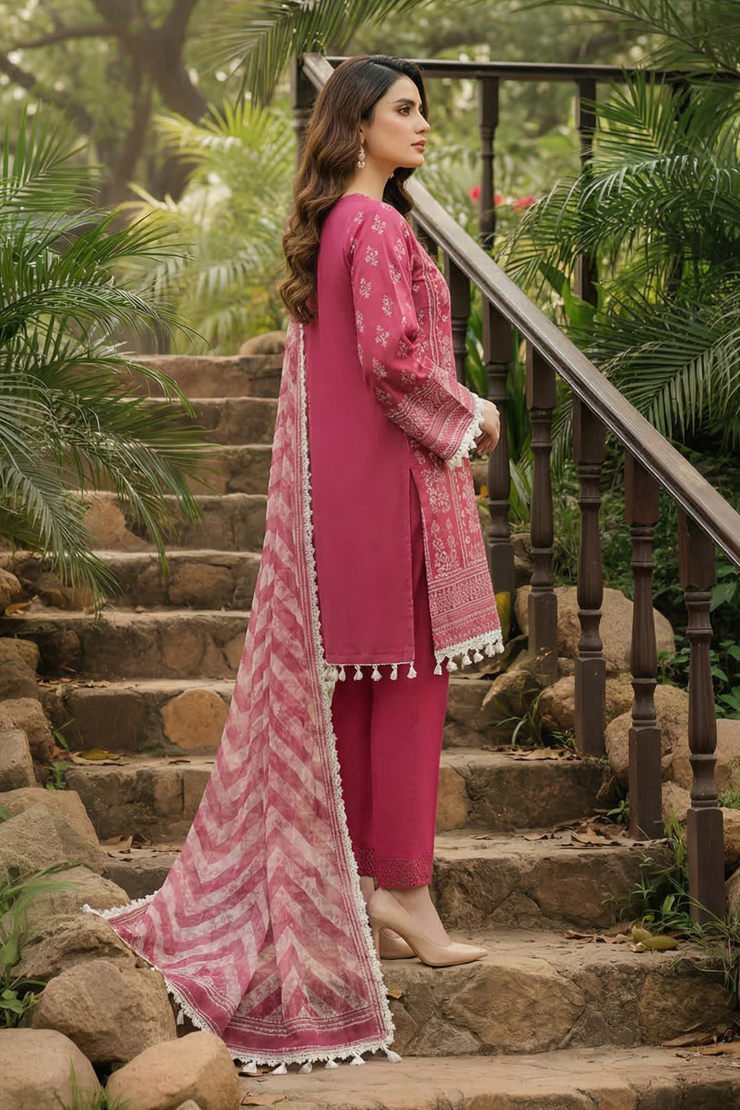 3 Piece Unstitched Deep Carmine Premium Printed Lawn