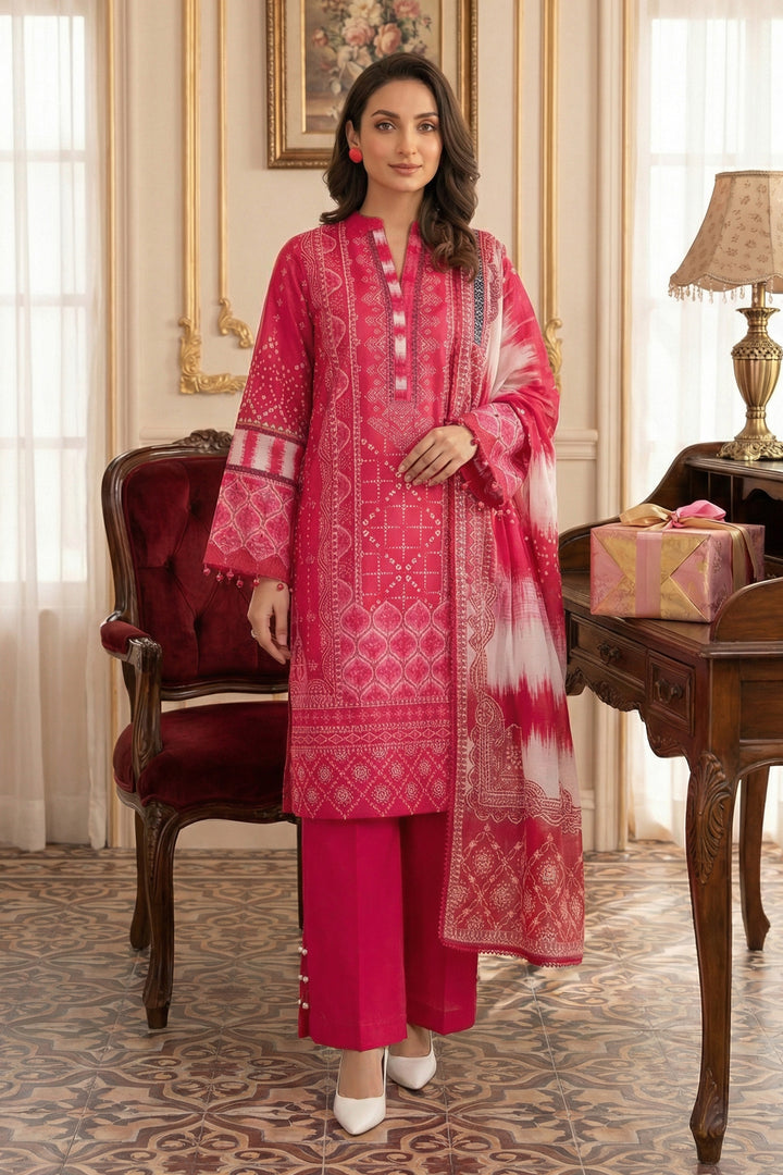3 Piece Unstitched Deep Carmine Premium Printed Lawn Suit - Jacquard Virsa By Zainab Summer 2026 Collection