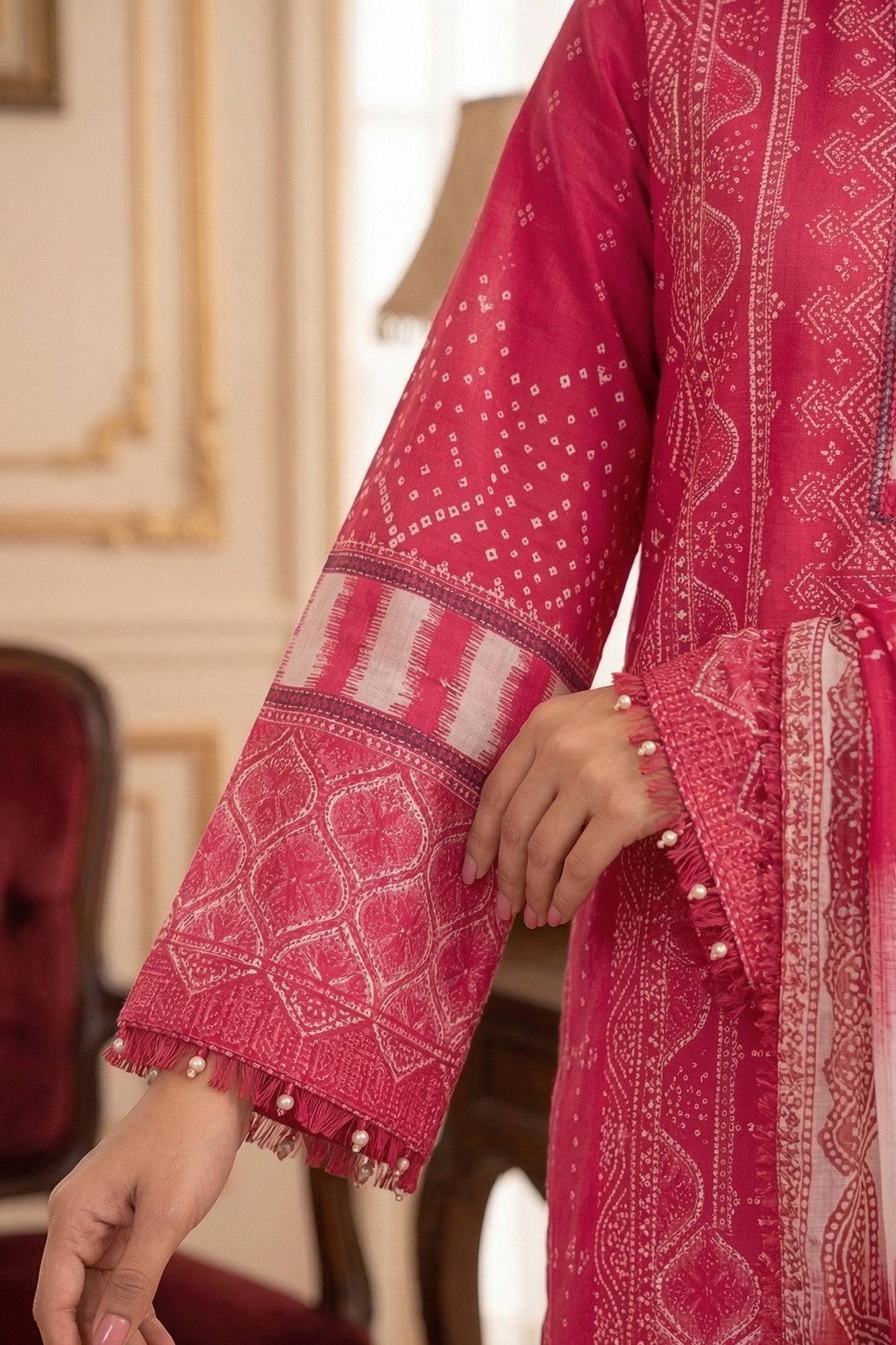 3 Piece Unstitched Deep Carmine Premium Printed Lawn Suit - Jacquard Virsa By Zainab Summer 2026 Collection