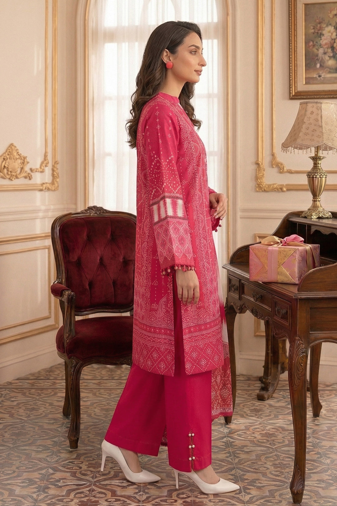 3 Piece Unstitched Deep Carmine Premium Printed Lawn Suit - Jacquard Virsa By Zainab Summer 2026 Collection