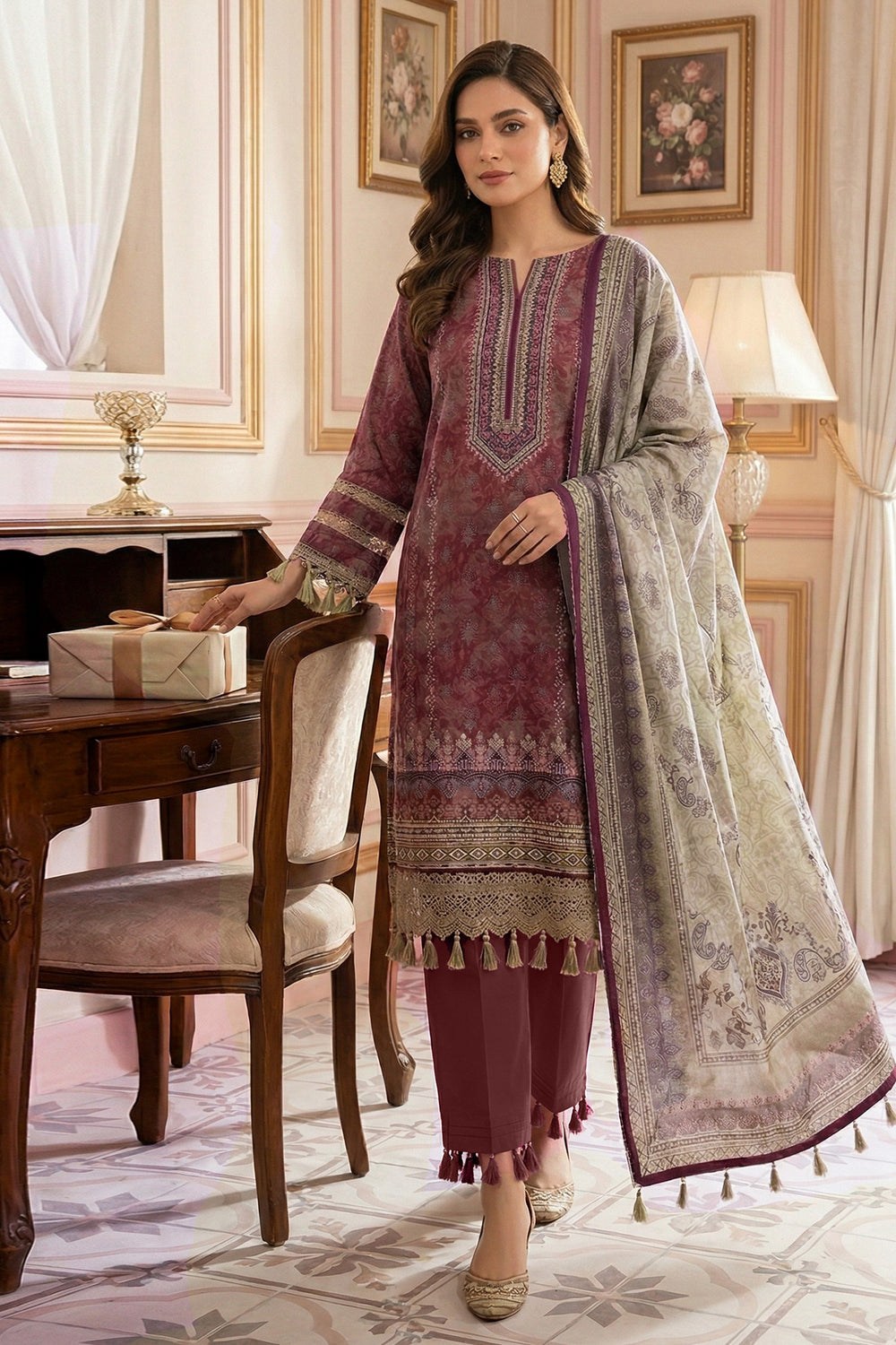 3 Piece Unstitched Deep Coffee Premium Printed Lawn Suit - Jacquard Virsa By Zainab Summer 2026 Collection