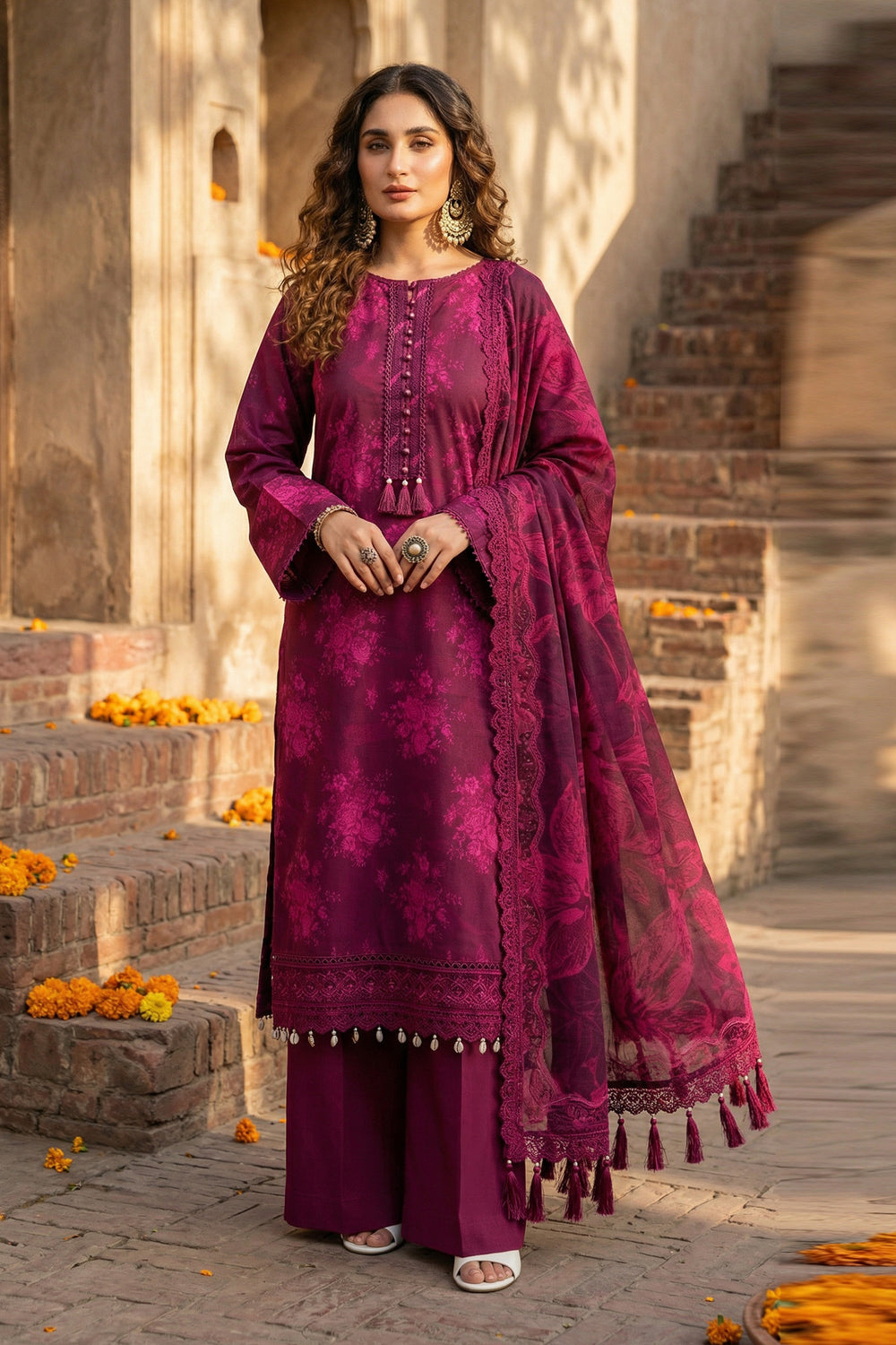 3 Piece Unstitched Deep Purple Premium Printed Lawn