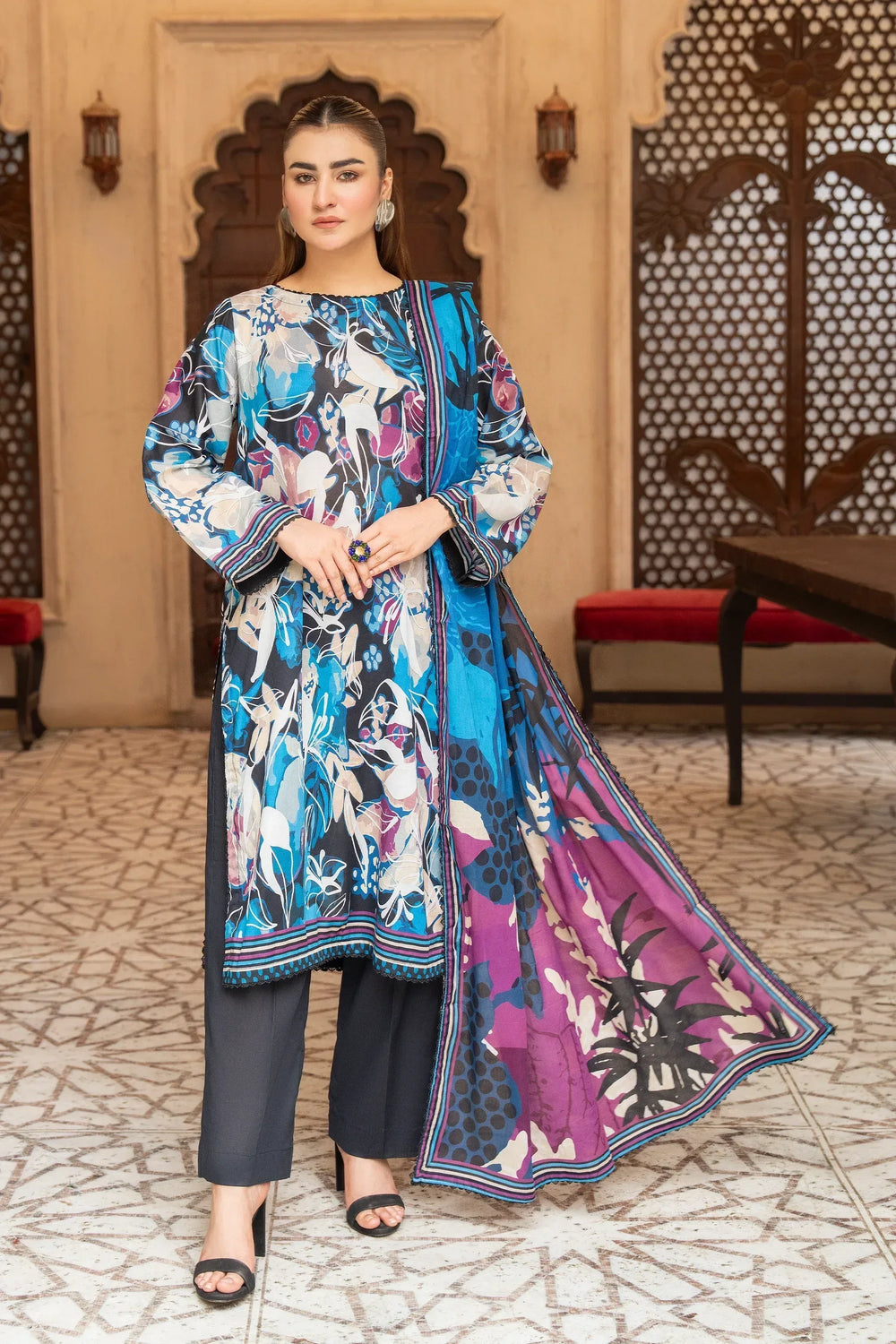 3 Piece Unstitched Dodger Blue Premium Printed Lawn - Jacquard Clothing