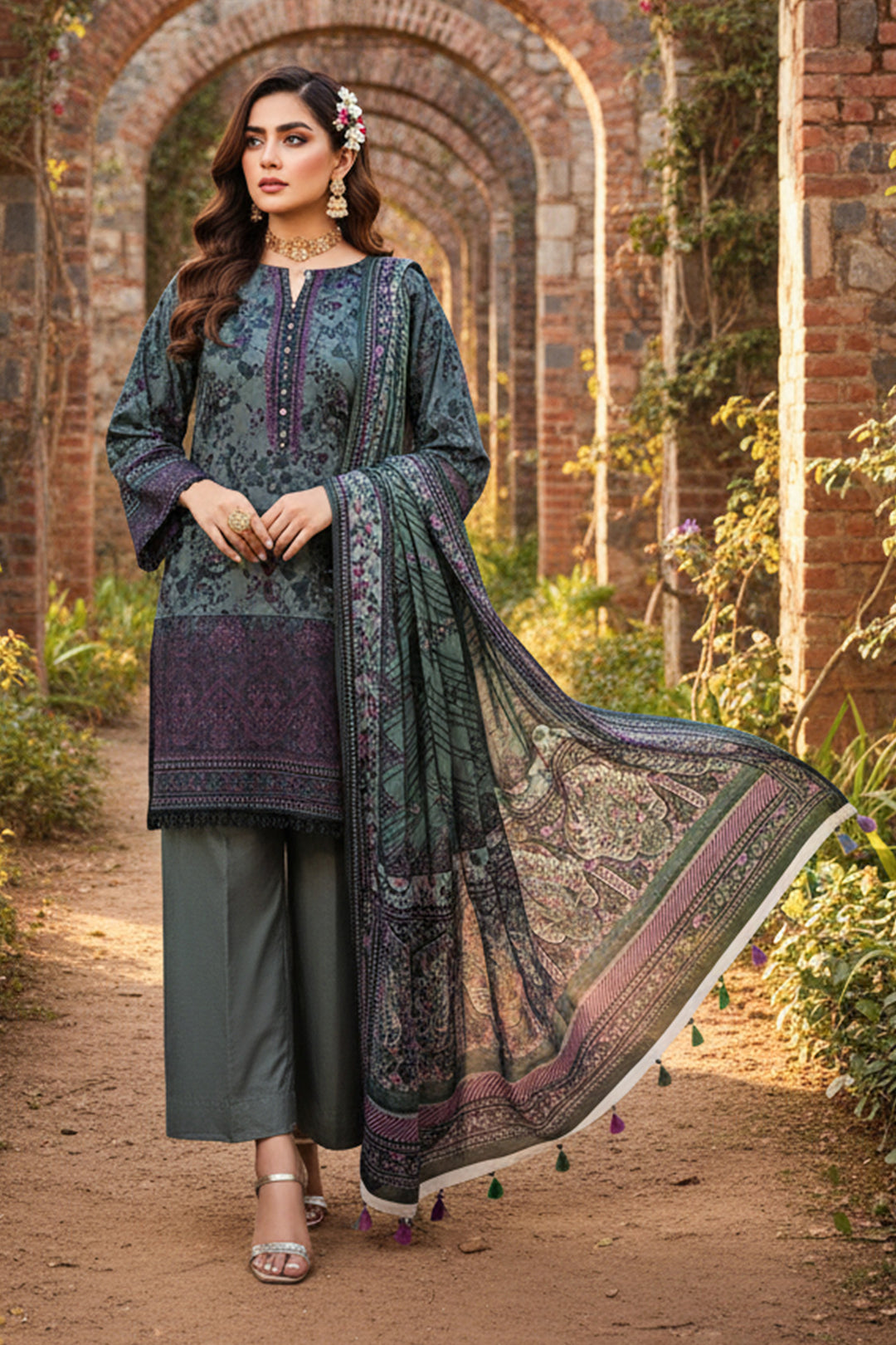 3 Piece Unstitched Feldgrau Green Premium Printed Lawn