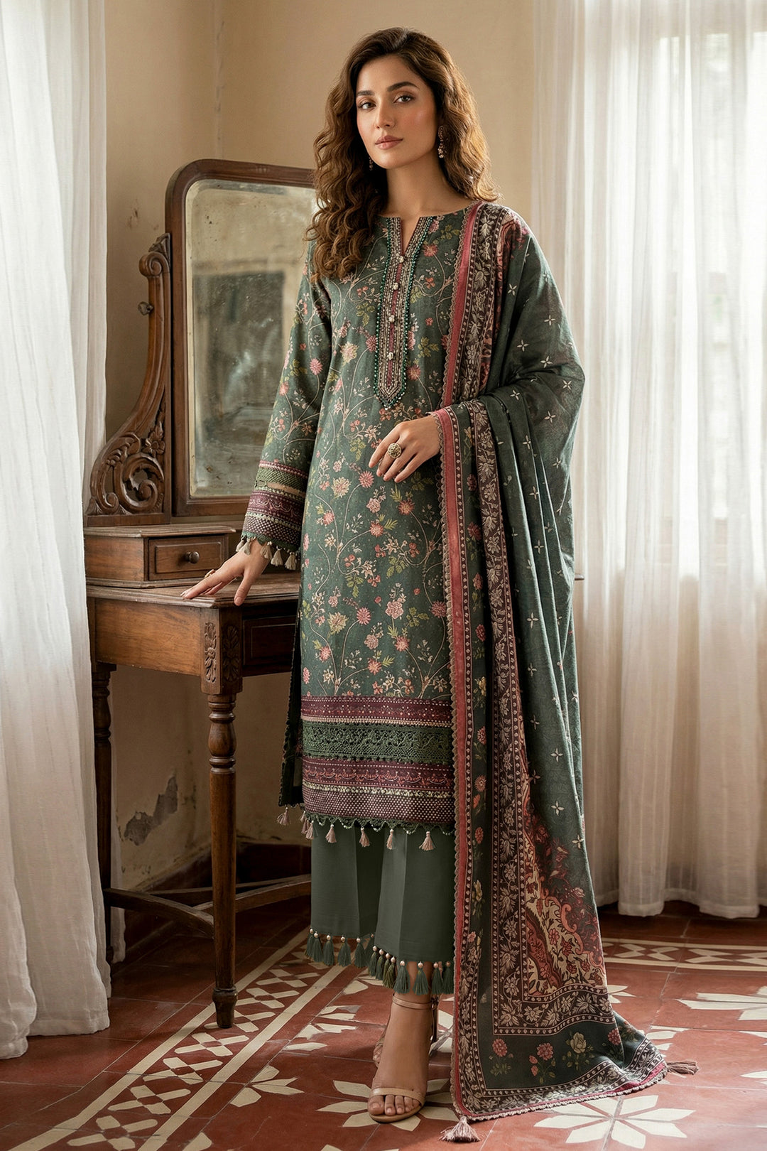 3 Piece Unstitched Feldgrau Green Premium Printed Lawn  Suit - Jacquard Soha Afreen Summer 2026 Collection