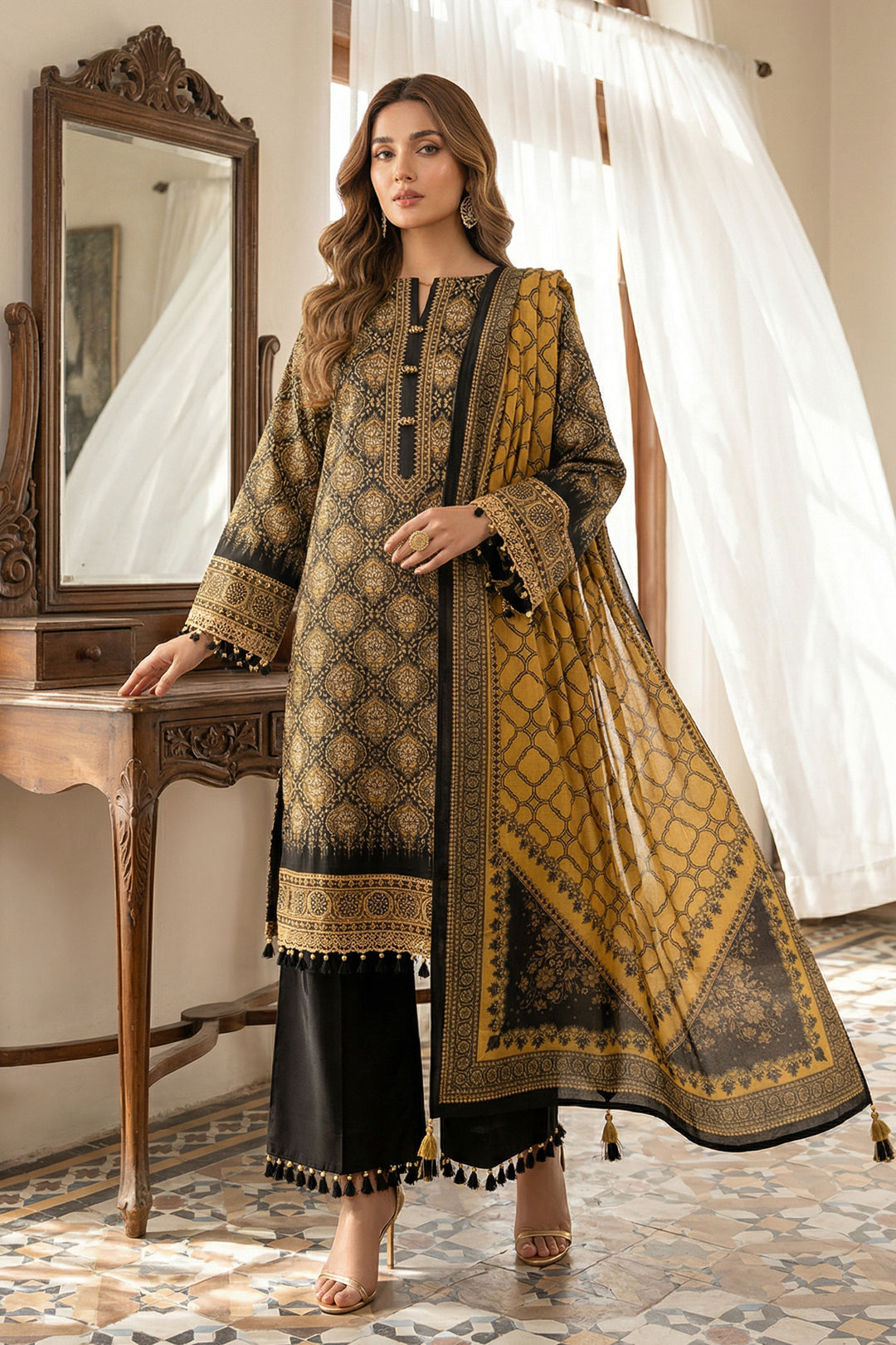 3 Piece Unstitched Golden Brown Premium Printed Lawn Suit - Jacquard Soha Afreen Summer 2026 Collection