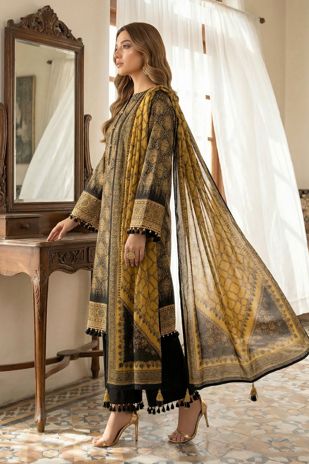 3 Piece Unstitched Golden Brown Premium Printed Lawn Suit - Jacquard Soha Afreen Summer 2026 Collection