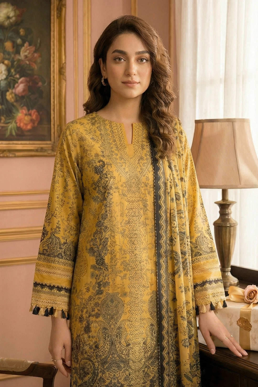 3 Piece Unstitched Golden Brown Premium Printed Lawn Suit - Jacquard Virsa By Zainab Summer 2026 Collection
