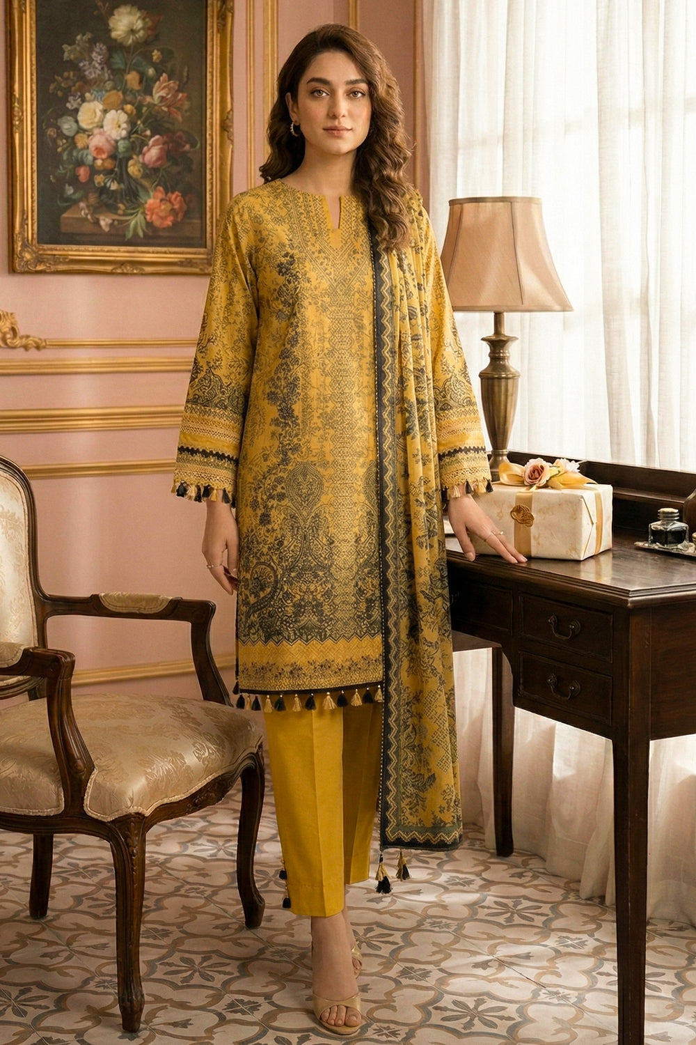 3 Piece Unstitched Golden Brown Premium Printed Lawn Suit - Jacquard Virsa By Zainab Summer 2026 Collection