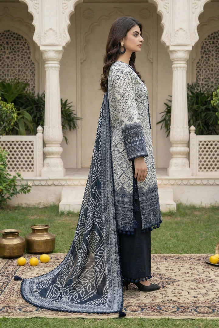 3 Piece Unstitched Gray &amp; Blue Premium Printed Lawn Suit By Jacquard Clothing Summer 2026 Collection