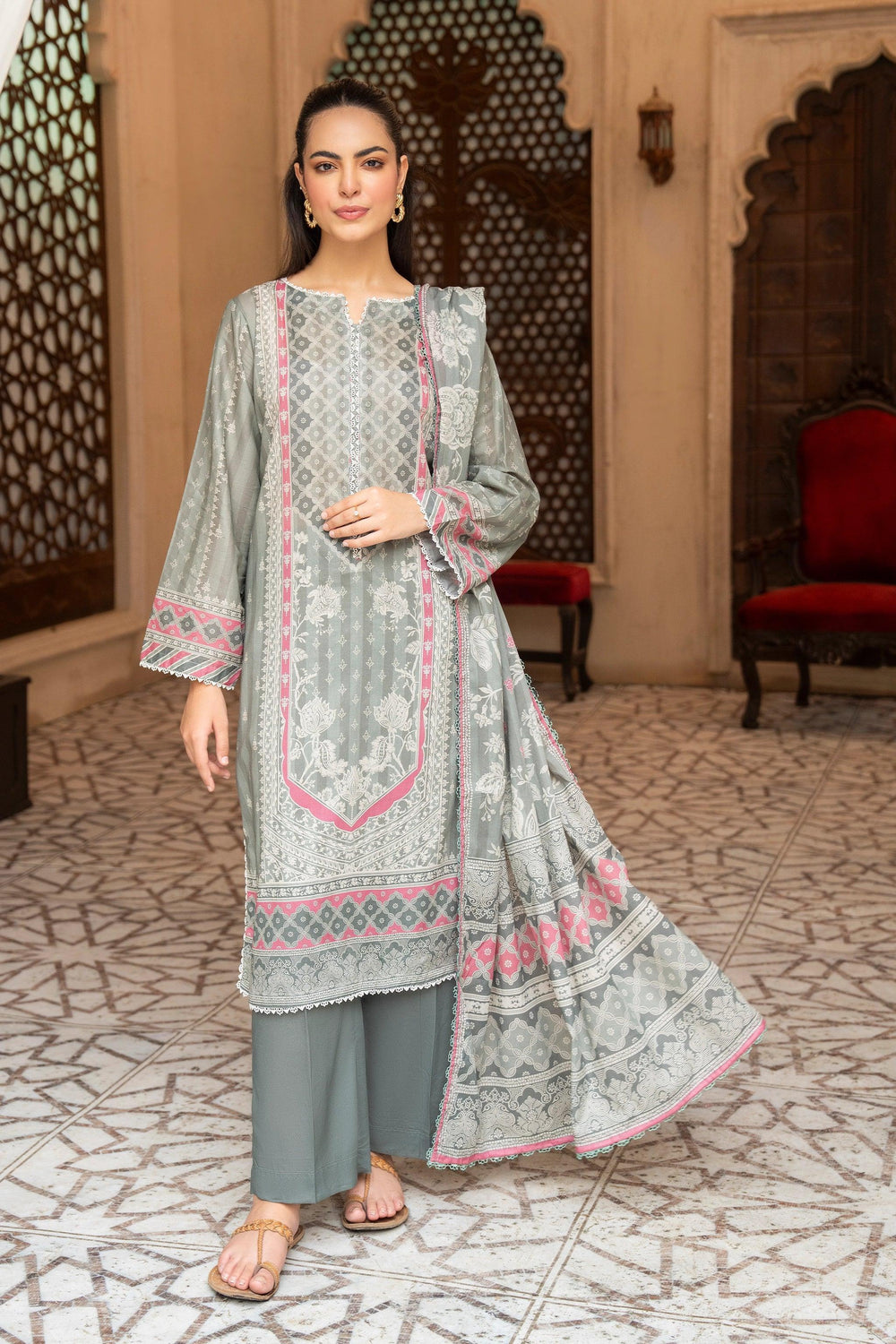 3 Piece Unstitched Gray Premium Printed Lawn - Jacquard Clothing