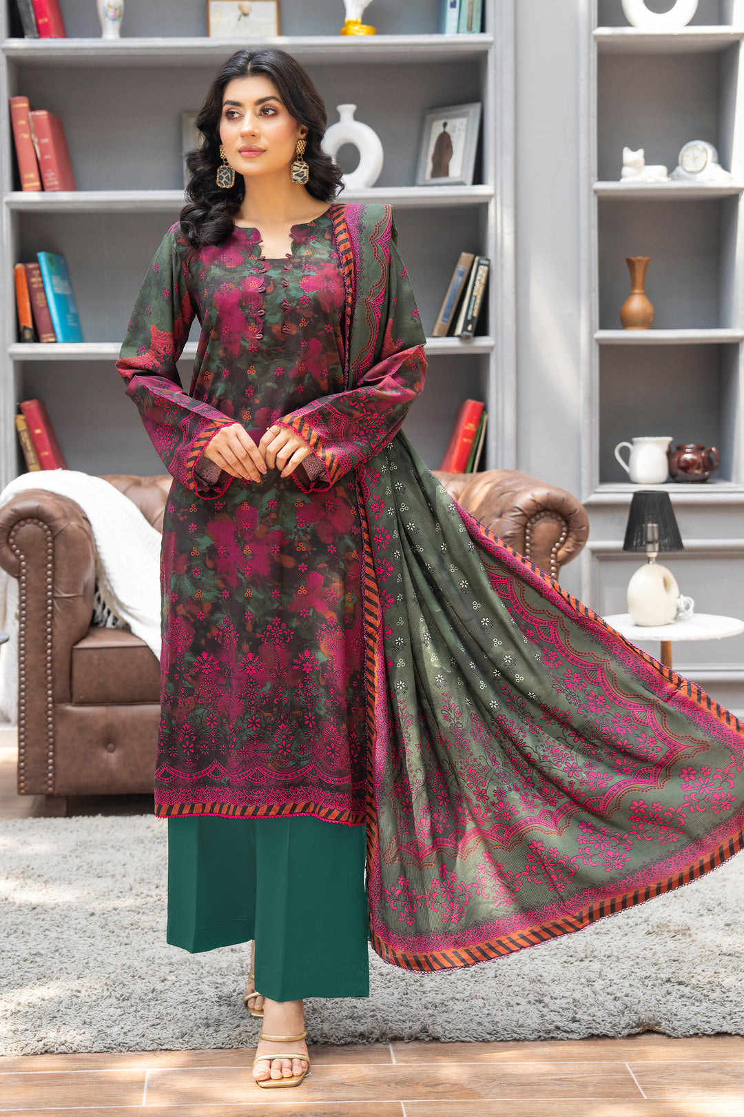 3 Piece Unstitched Green Premium Linen - W25CF1V4-S4 - JACQUARD CLOTHING