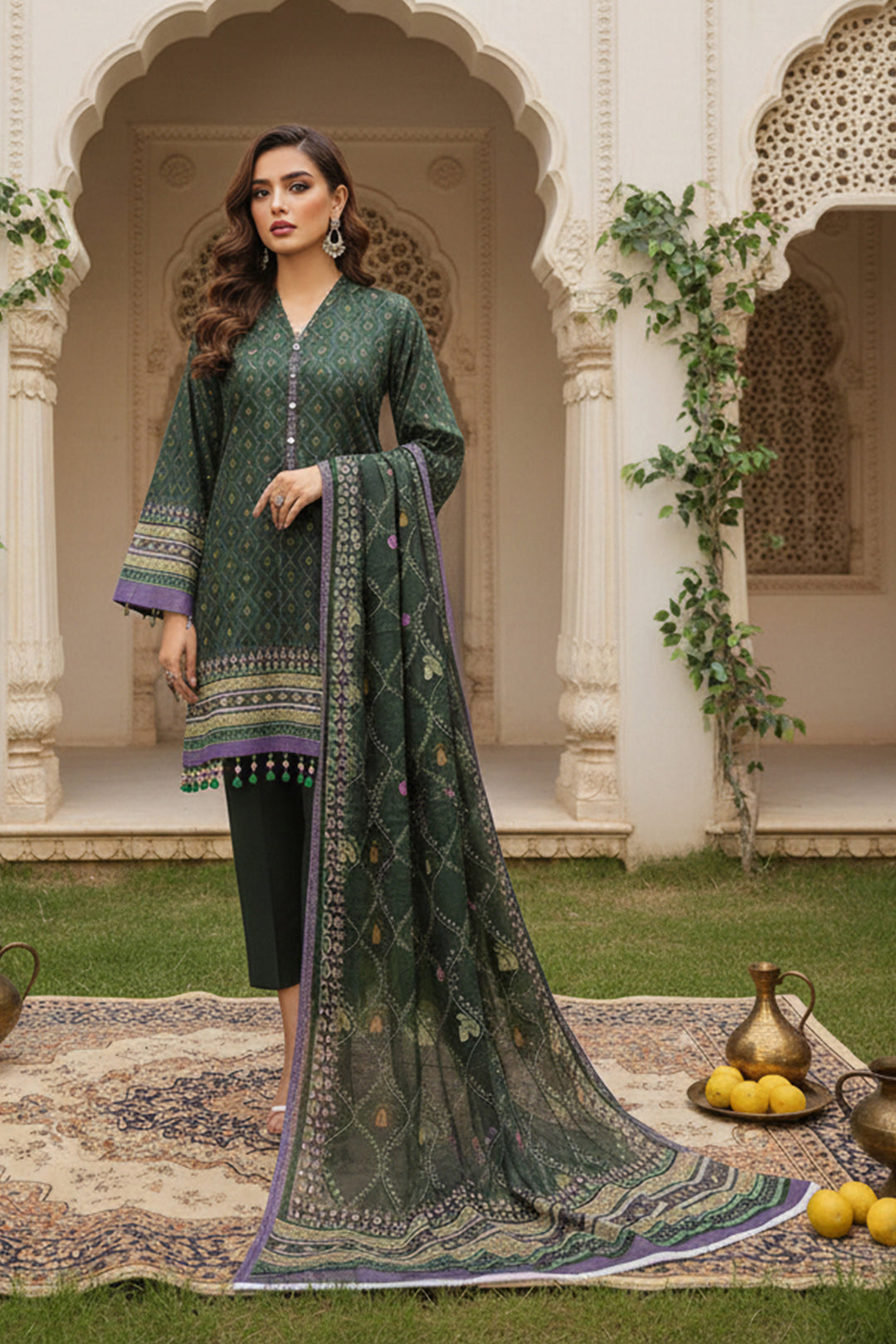 3 Piece Unstitched Green Premium Printed Lawn Suit By Jacquard Clothing Summer 2026 Collection