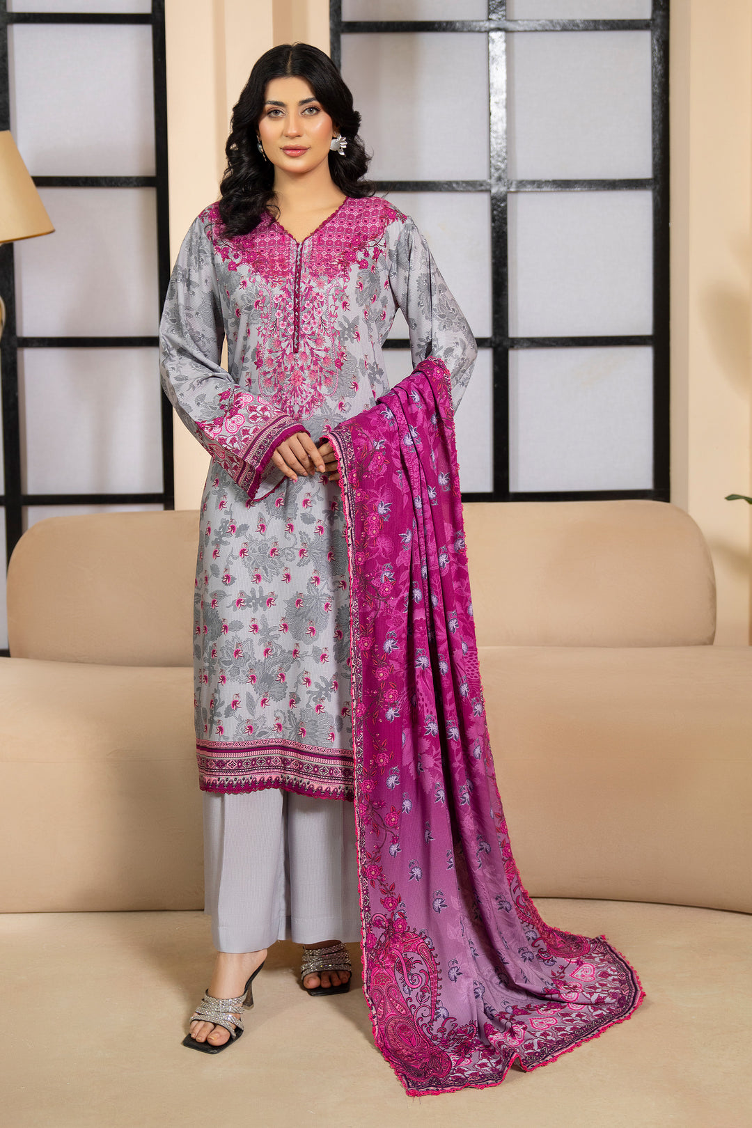 3 Piece Unstitched Grey Printed Linen - W25CF1V1-S3 - JACQUARD CLOTHING