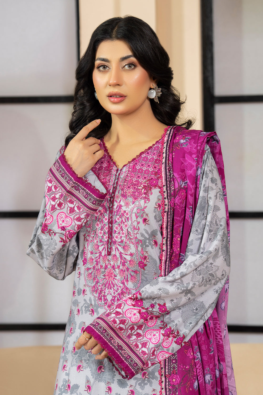 3 Piece Unstitched Grey Printed Linen - W25CF1V1-S3 - JACQUARD CLOTHING